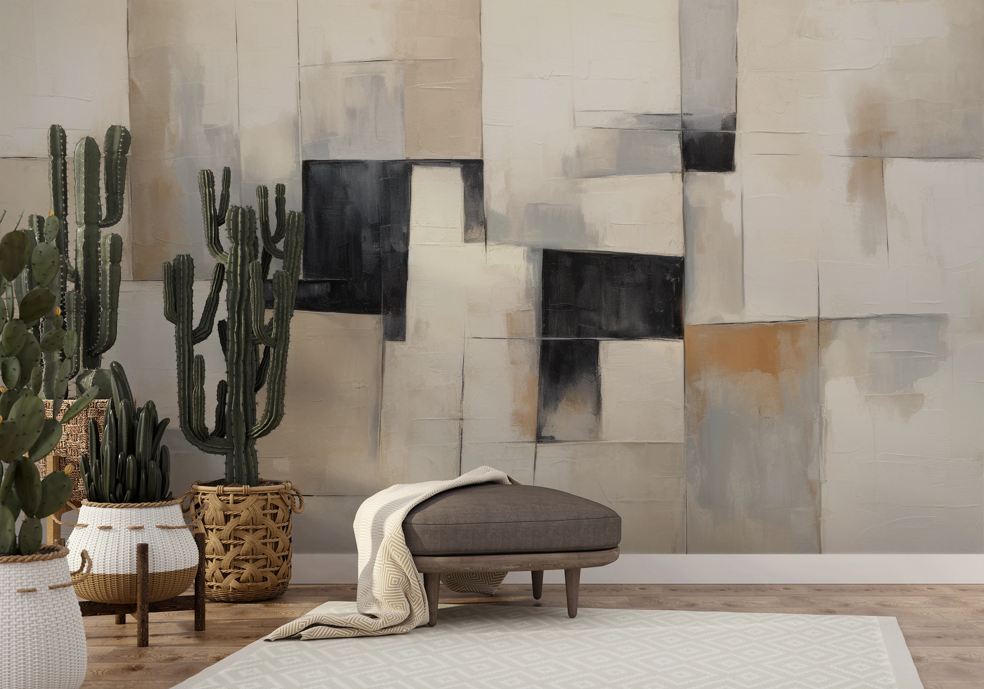 Fototapeta artystyczna o nazwie Contemporary Patchwork pokazana w aranżacji wnętrza.