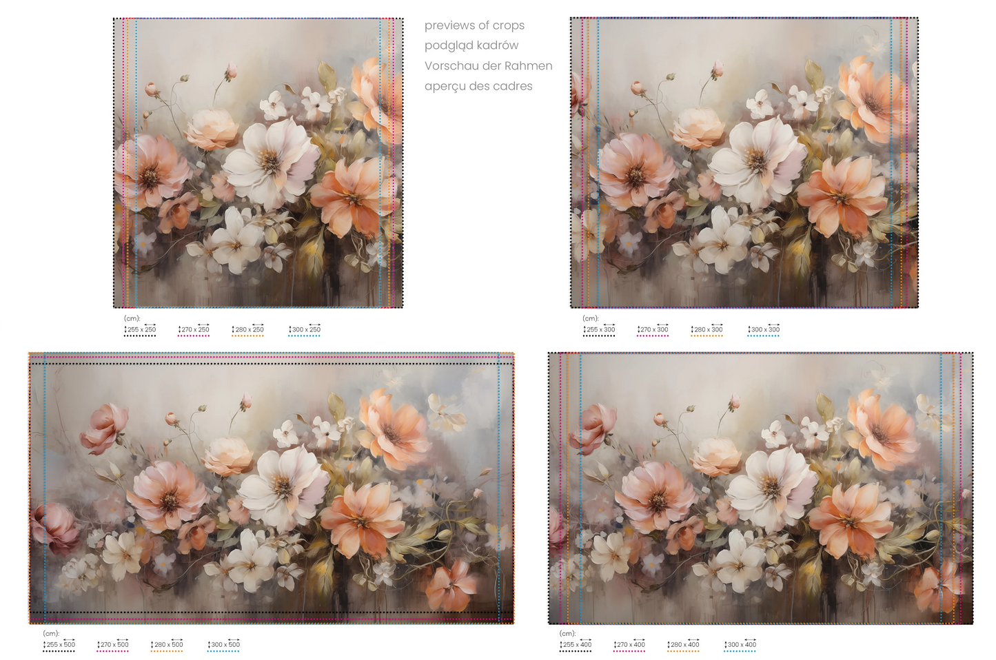 Na obrazie znajduje się prezentacja przykładowych rozmiarów fototapety o nazwie Soft Pastel Harmony. Rozmiar fototapety jest dowolny.