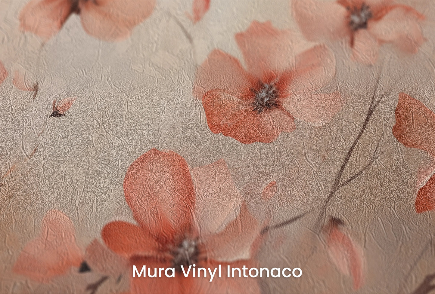 Zbliżenie na artystyczną fototapetę o nazwie Dawn Poppy Field na podłożu Mura Vinyl Intonaco - struktura tartego tynku.