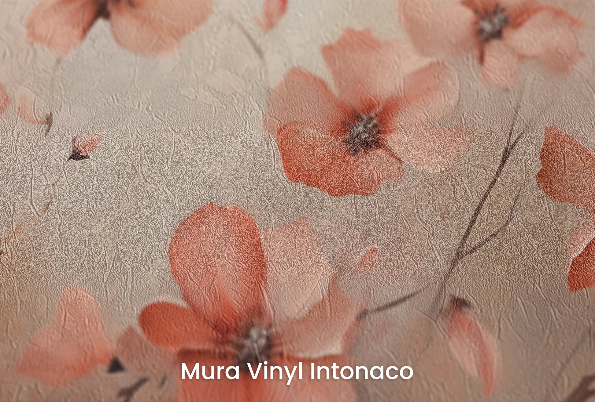 Zbliżenie na artystyczną fototapetę o nazwie Dawn Poppy Field na podłożu Mura Vinyl Intonaco - struktura tartego tynku.