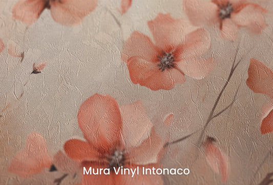 Zbliżenie na artystyczną fototapetę o nazwie Dawn Poppy Field na podłożu Mura Vinyl Intonaco - struktura tartego tynku.