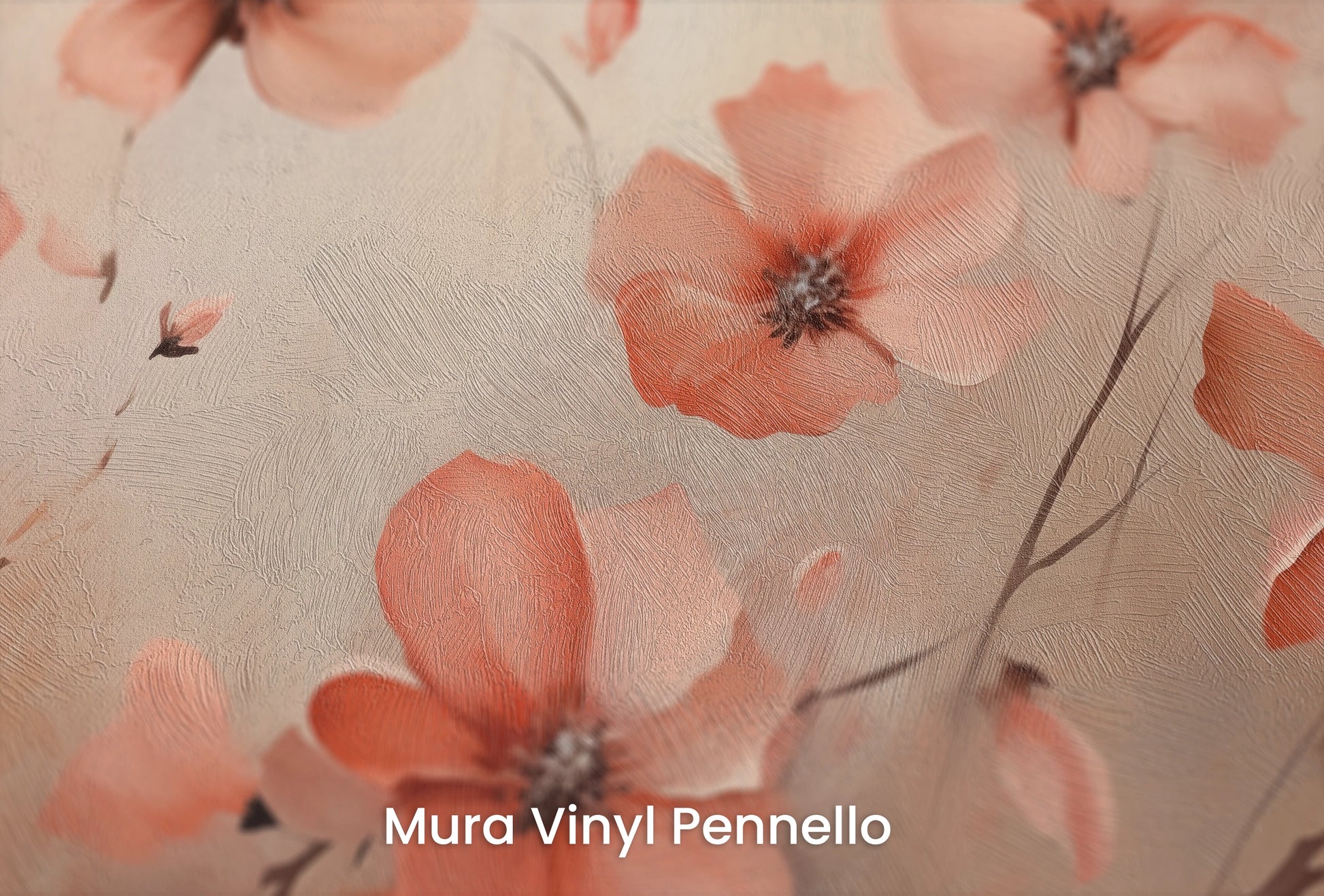 Zbliżenie na artystyczną fototapetę o nazwie Dawn Poppy Field na podłożu Mura Vinyl Pennello - faktura pociągnięć pędzla malarskiego.