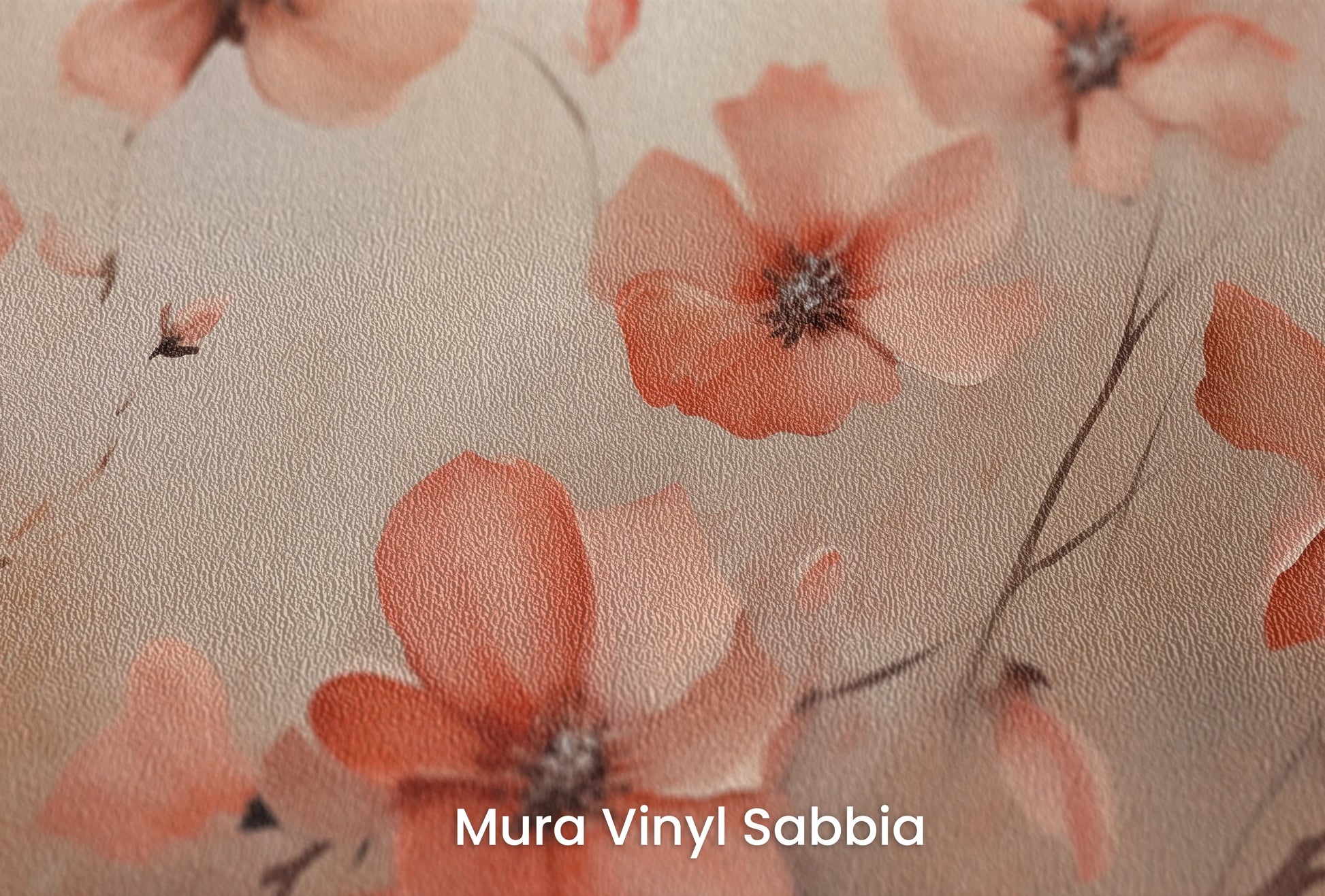 Zbliżenie na artystyczną fototapetę o nazwie Dawn Poppy Field na podłożu Mura Vinyl Sabbia struktura grubego ziarna piasku.