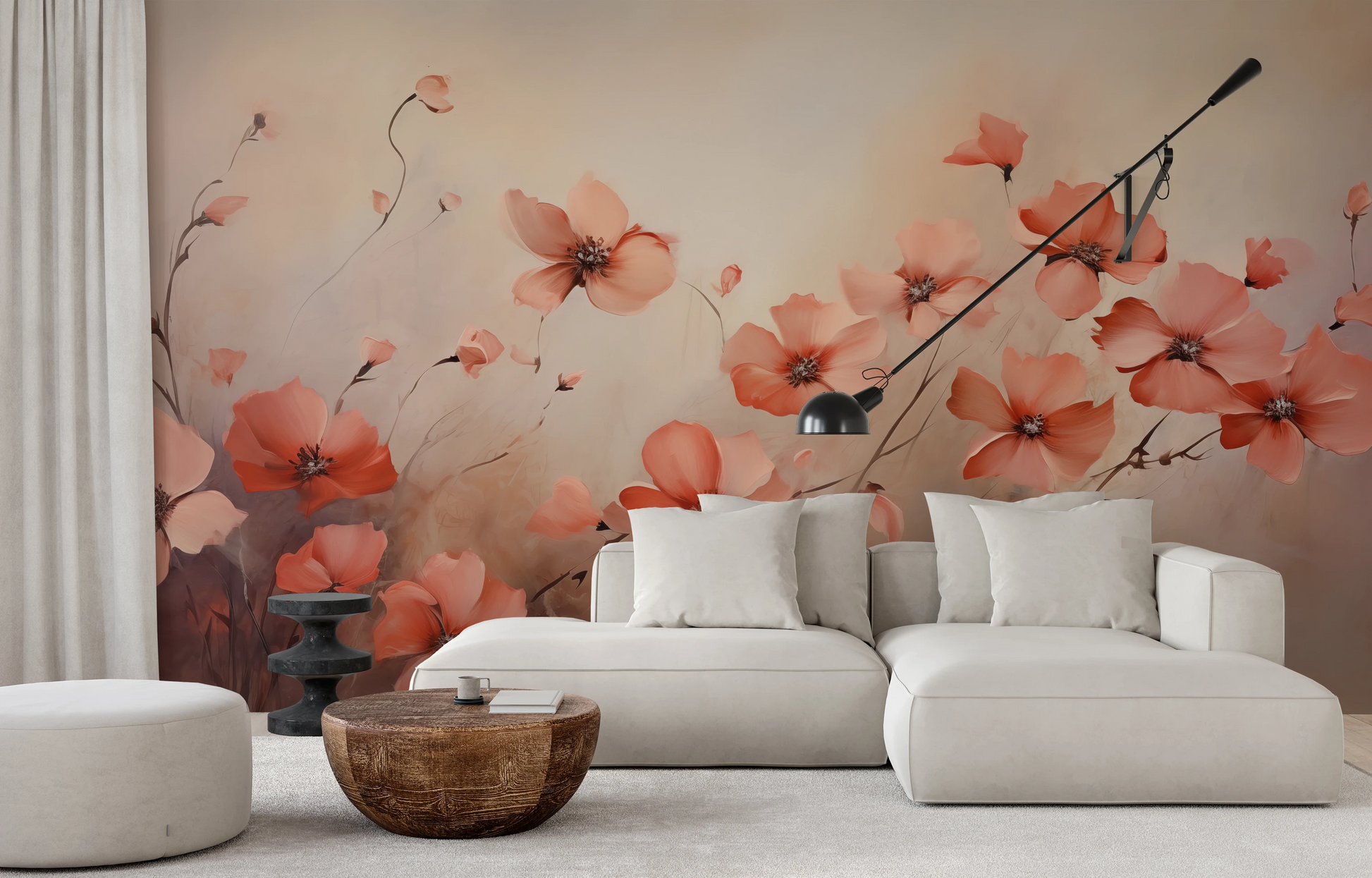 Fototapeta malowana o nazwie Dawn Poppy Field pokazana w aranżacji wnętrza.