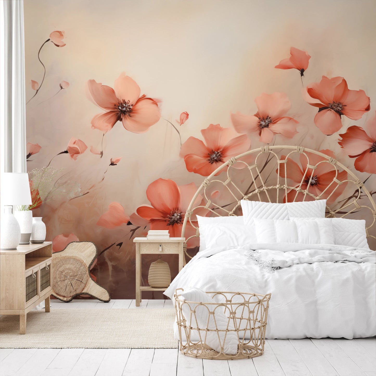 Wzór fototapety o nazwie Dawn Poppy Field pokazanej w kontekście pomieszczenia.