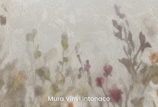Zbliżenie na artystyczną fototapetę o nazwie Whimsical Wildflowers na podłożu Mura Vinyl Intonaco - struktura tartego tynku.