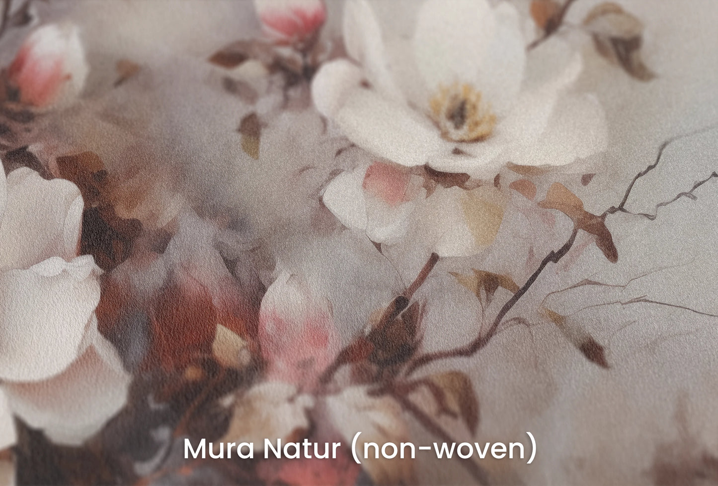 Zbliżenie na artystyczną fototapetę o nazwie Magnolia Smoke na podłożu Mura Natur (non-woven) - naturalne i ekologiczne podłoże.