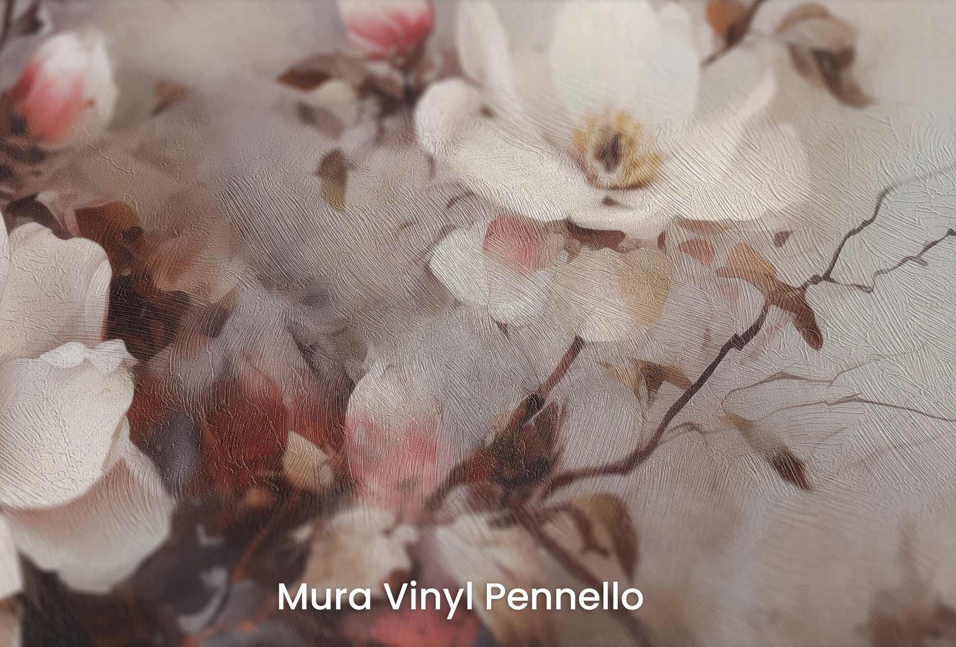 Zbliżenie na artystyczną fototapetę o nazwie Magnolia Smoke na podłożu Mura Vinyl Pennello - faktura pociągnięć pędzla malarskiego.