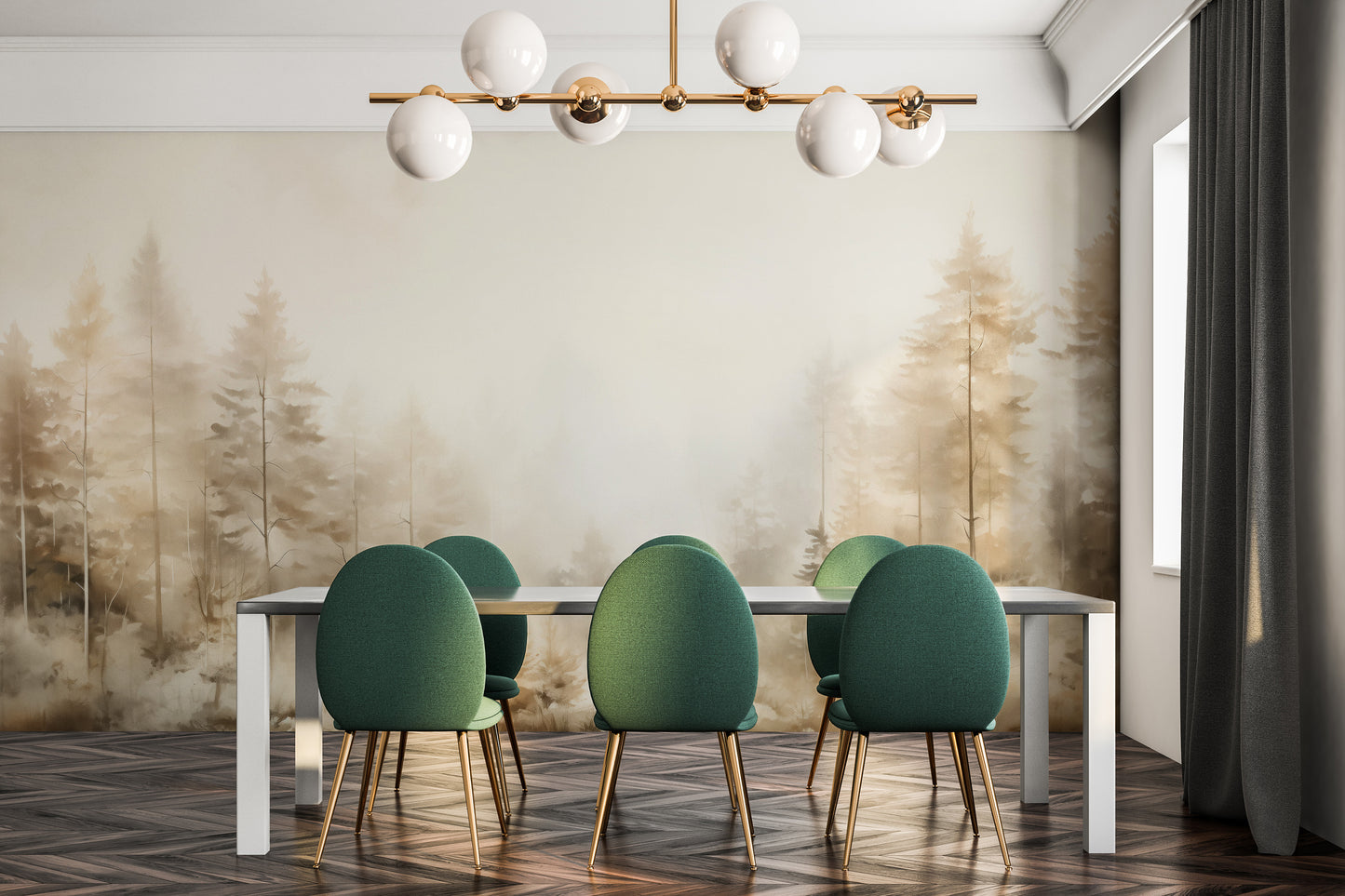 Fototapeta artystyczna o nazwie FOREST DAWN MIST MURAL pokazana w aranżacji wnętrza.