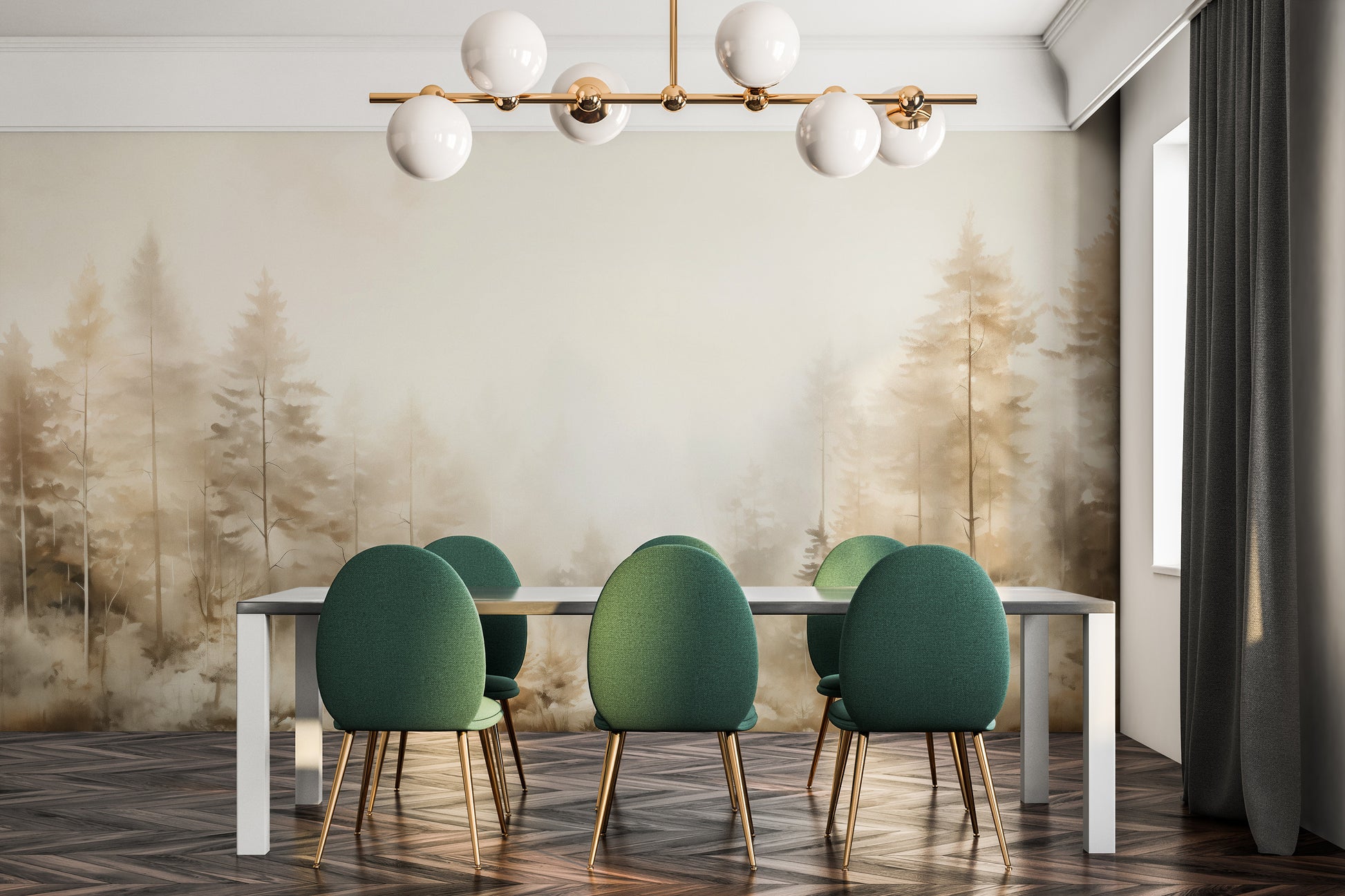 Fototapeta artystyczna o nazwie FOREST DAWN MIST MURAL pokazana w aranżacji wnętrza.