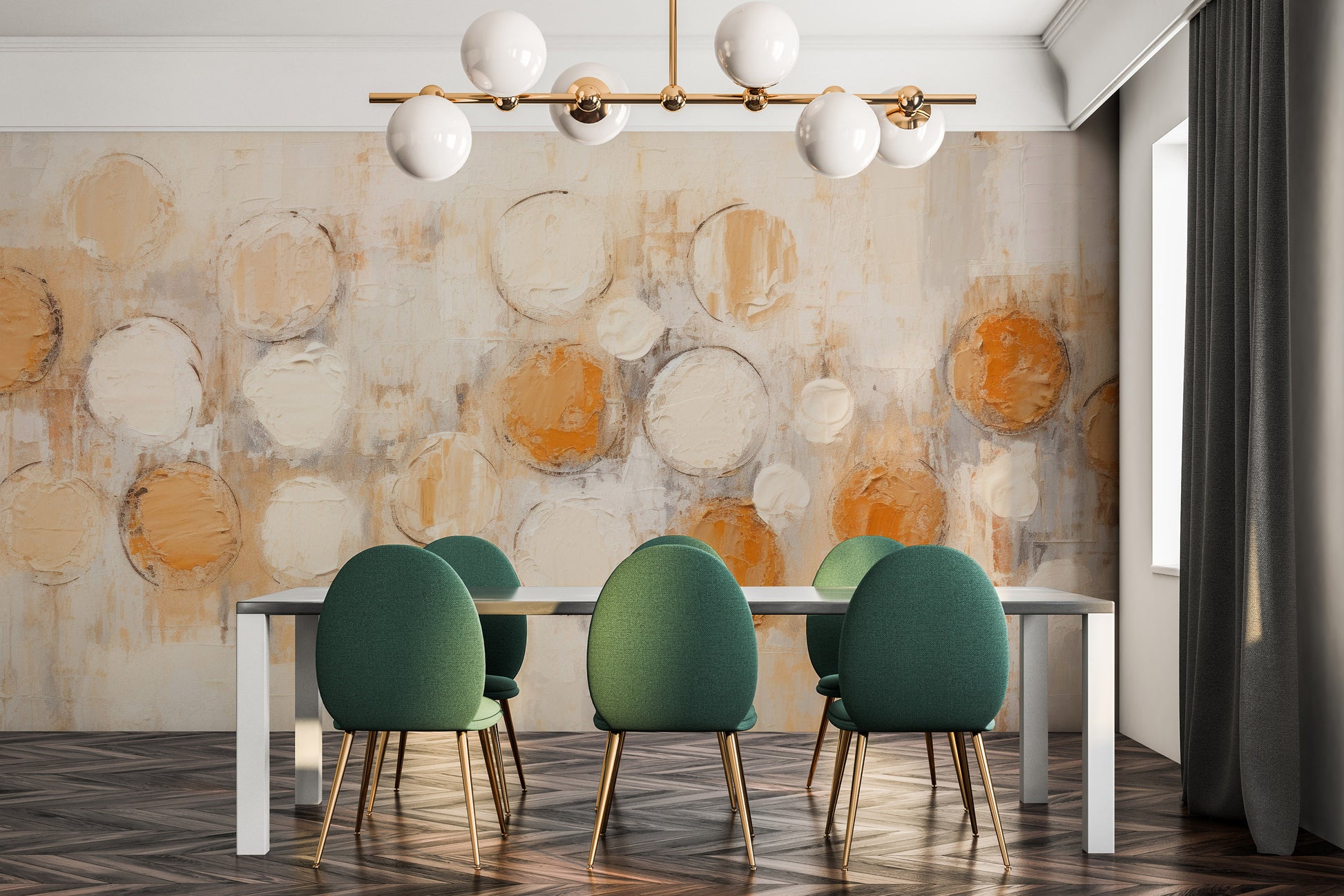 Wzór fototapety o nazwie AMBER AND IVORY SPHERICAL HARMONY pokazanej w kontekście pomieszczenia.