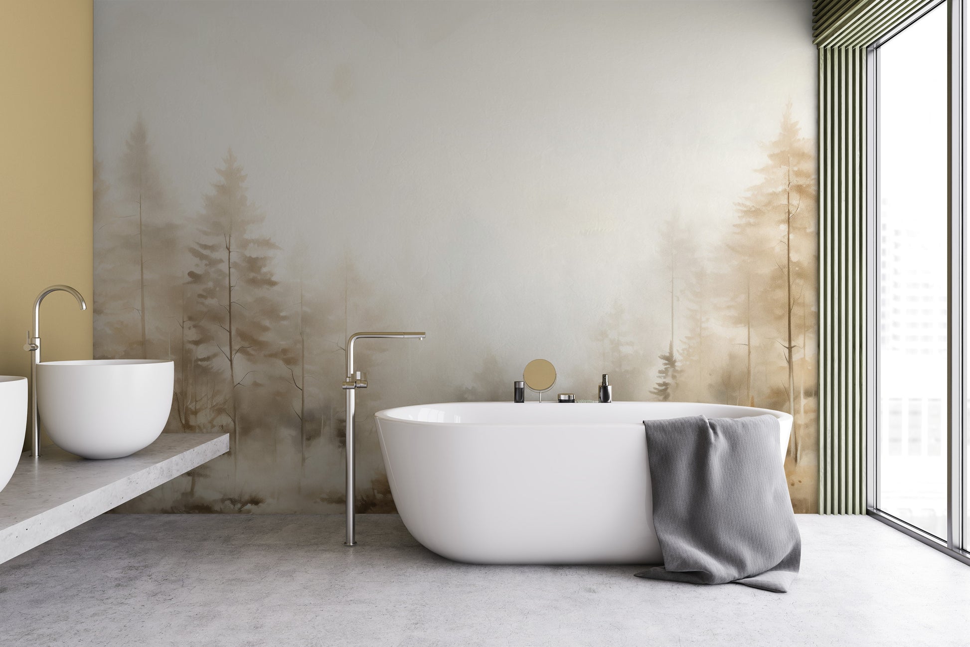 Wzór fototapety malowanej o nazwie FOREST DAWN MIST MURAL pokazanej w aranżacji wnętrza.