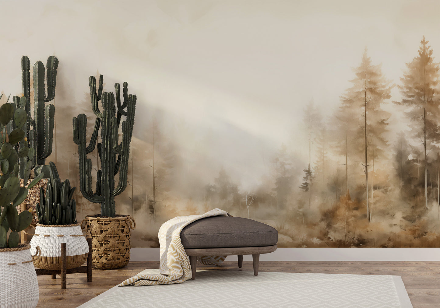 Wzór fototapety artystycznej o nazwie FOREST DAWN MIST MURAL pokazanej w aranżacji wnętrza.