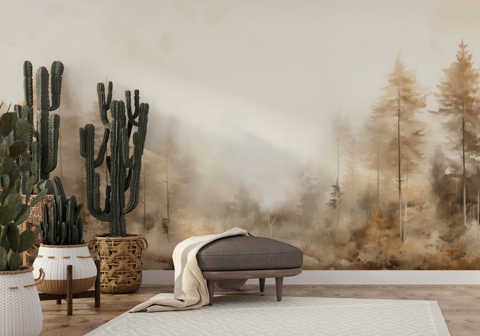 Wzór fototapety artystycznej o nazwie FOREST DAWN MIST MURAL pokazanej w aranżacji wnętrza.