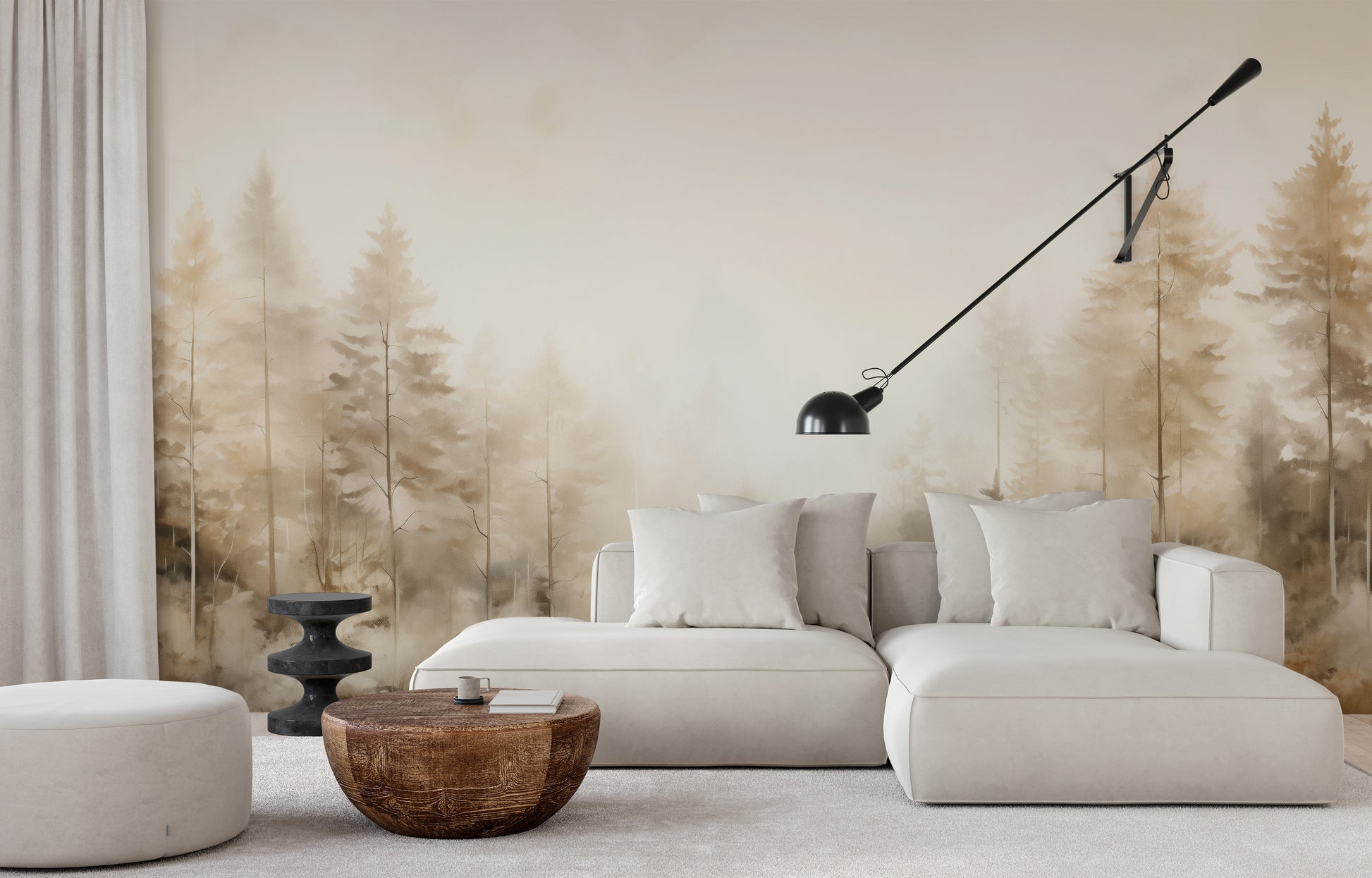 Wzór fototapety artystycznej o nazwie FOREST DAWN MIST MURAL pokazanej w aranżacji wnętrza.