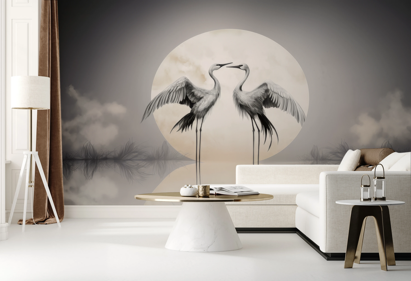 Fototapeta artystyczna o nazwie Celestial Serenity pokazana w aranżacji wnętrza.