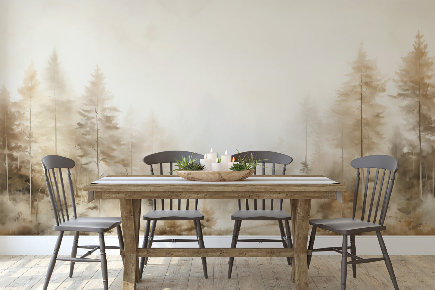 Fototapeta malowana o nazwie FOREST DAWN MIST MURAL pokazana w aranżacji wnętrza.
