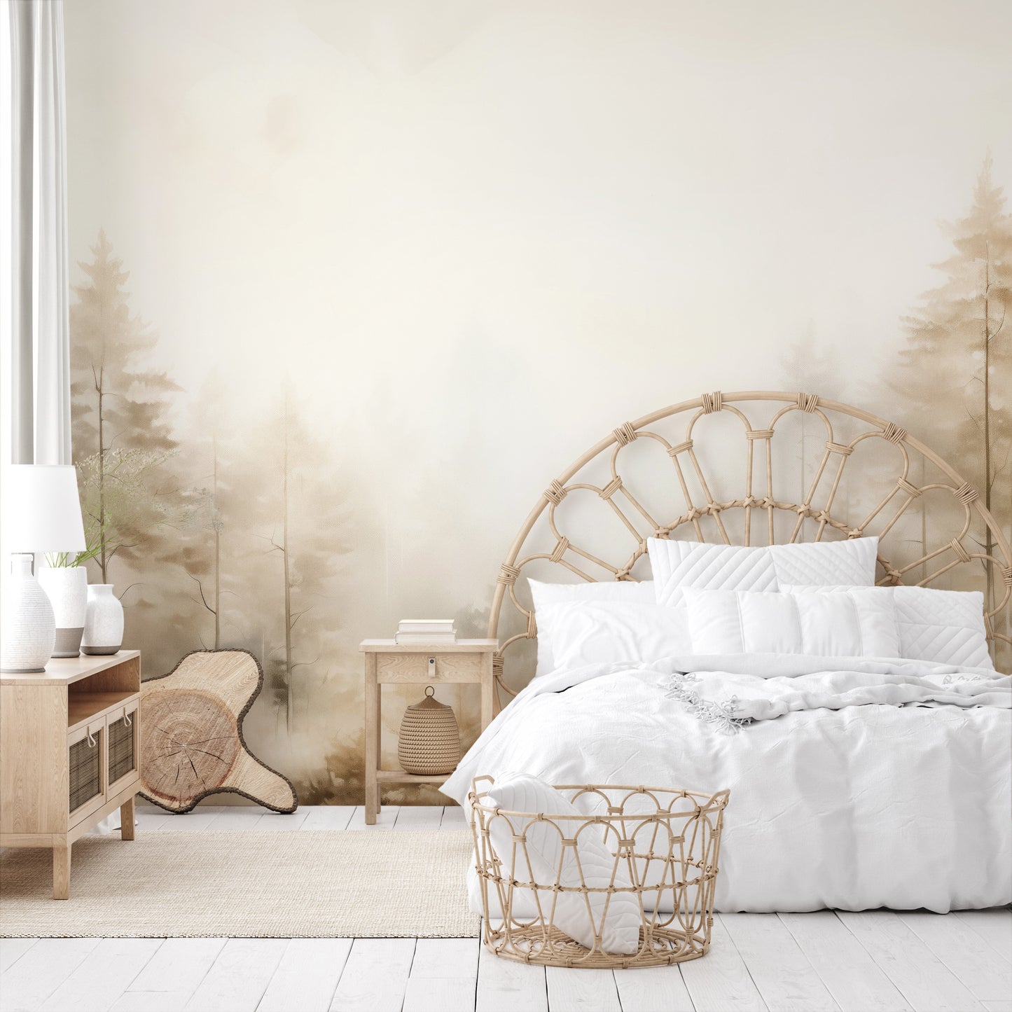 Wzór fototapety o nazwie FOREST DAWN MIST MURAL pokazanej w kontekście pomieszczenia.