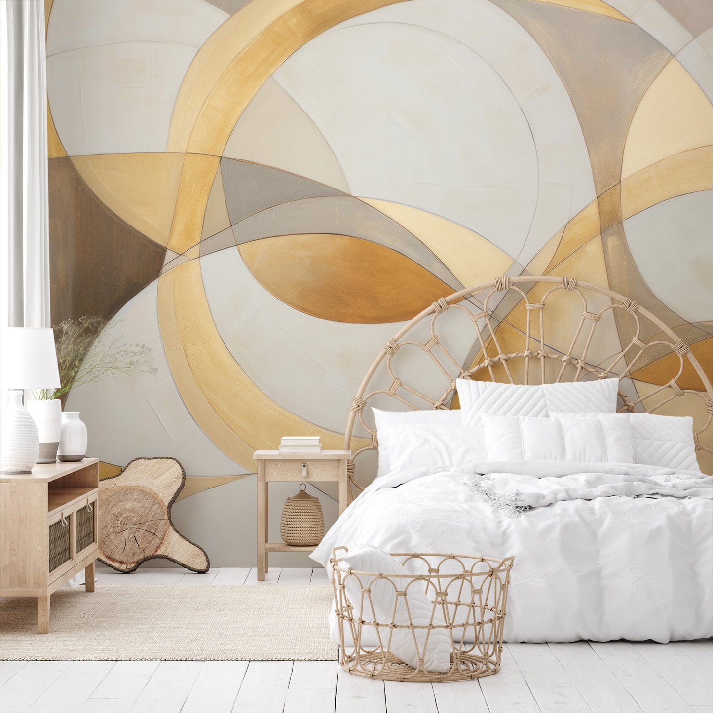 Zdjęcie prezentuje aranżację wnętrza z użyciem fototapety o nazwie SWIRLING SPECTRUM ELEGANCE pokazanej w aranżacji wnętrza.