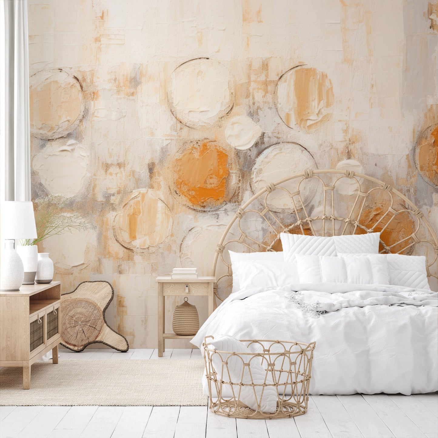 Wzór fototapety artystycznej o nazwie AMBER AND IVORY SPHERICAL HARMONY pokazanej w aranżacji wnętrza.