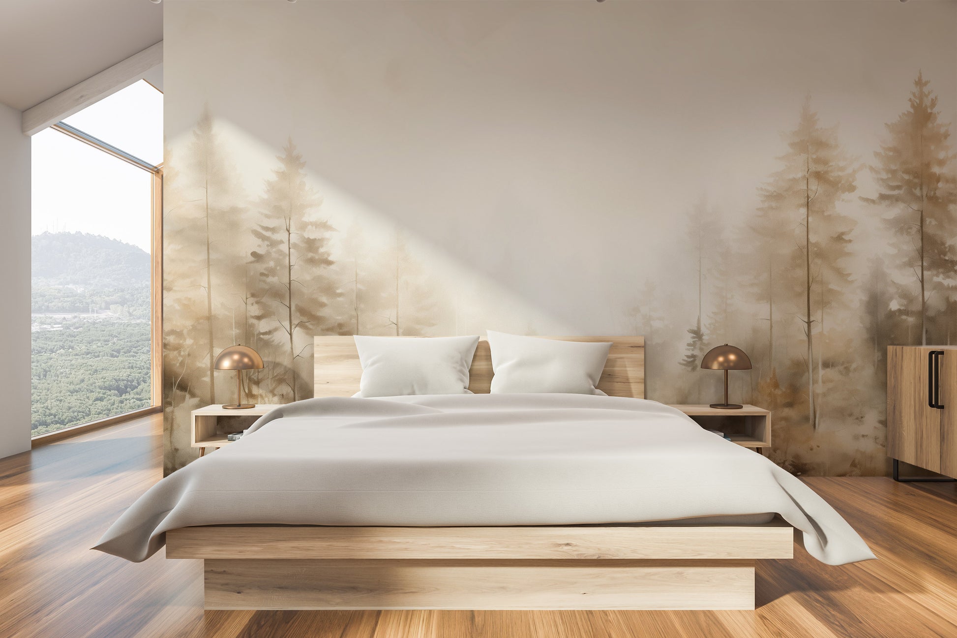 Zdjęcie prezentuje aranżację wnętrza z użyciem fototapety o nazwie FOREST DAWN MIST MURAL pokazanej w aranżacji wnętrza.