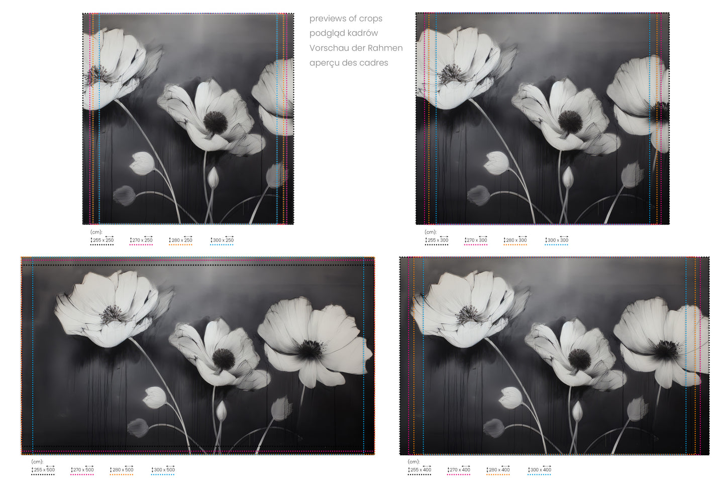 Na obrazie znajduje się prezentacja przykładowych rozmiarów fototapety o nazwie SHADOWED FLORA. Rozmiar fototapety jest dowolny.