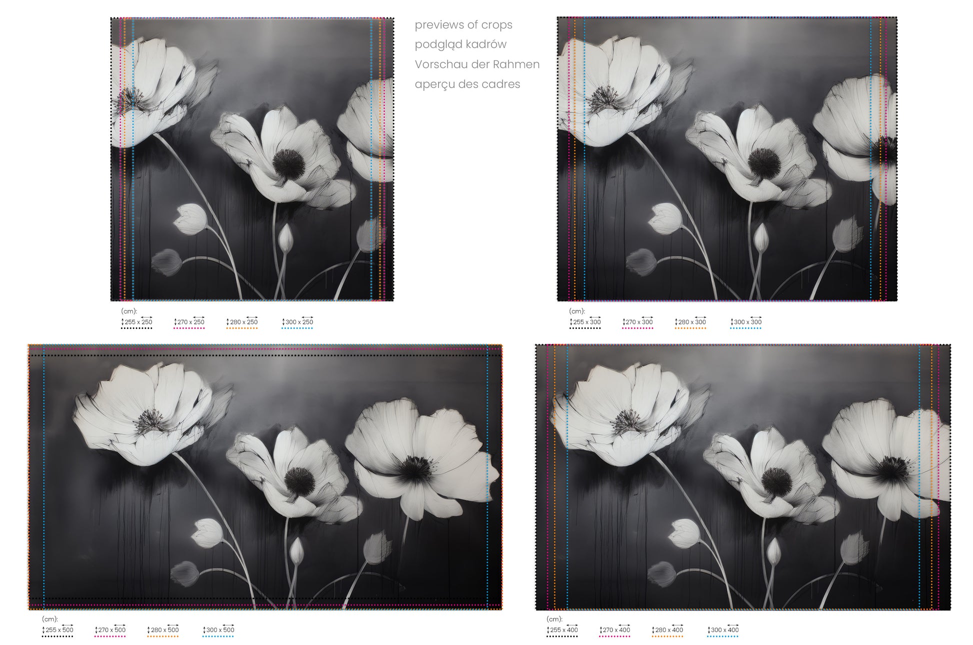 Na obrazie znajduje się prezentacja przykładowych rozmiarów fototapety o nazwie SHADOWED FLORA. Rozmiar fototapety jest dowolny.