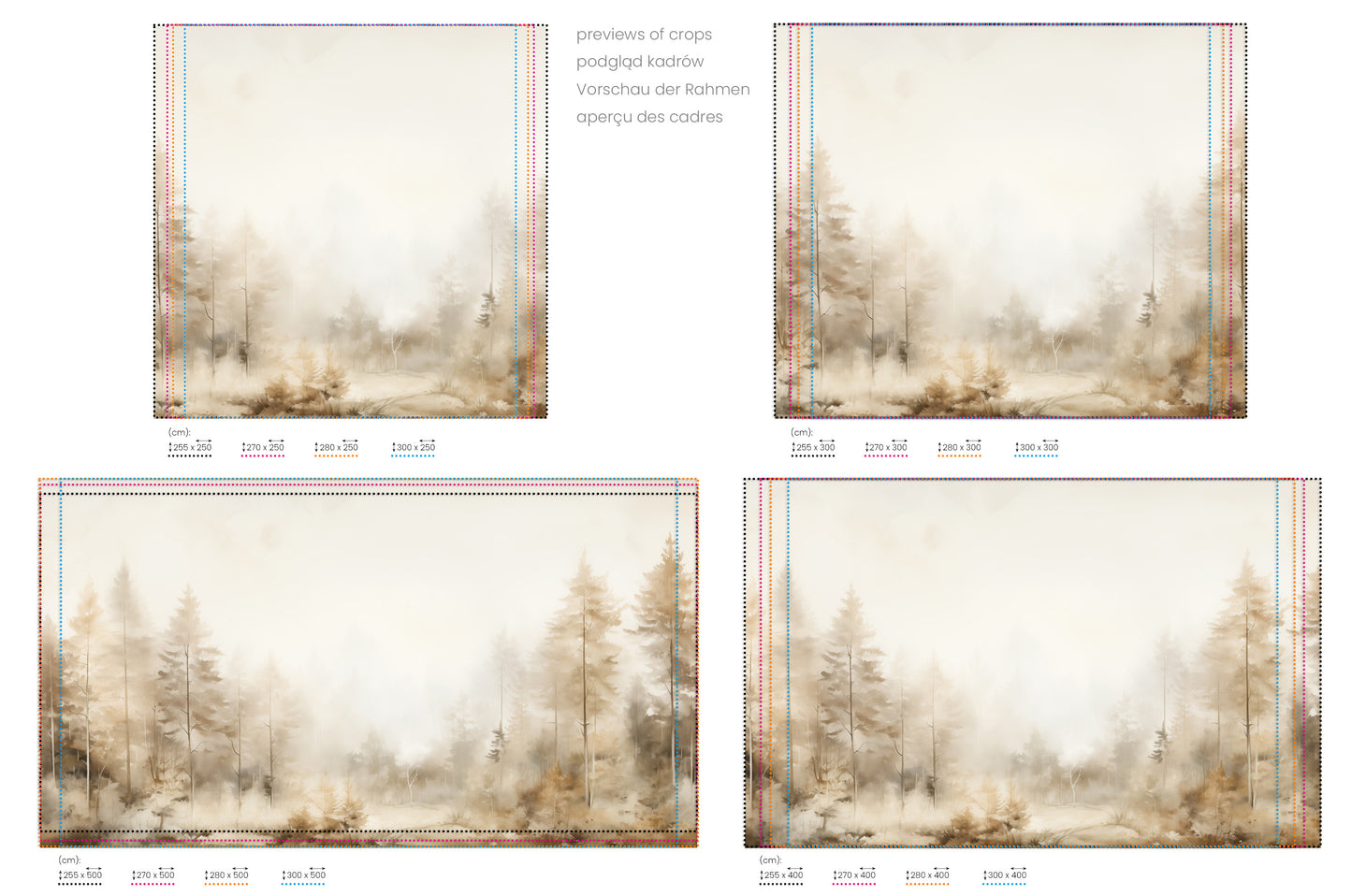 Na obrazie znajduje się prezentacja przykładowych rozmiarów fototapety o nazwie FOREST DAWN MIST MURAL. Rozmiar fototapety jest dowolny.