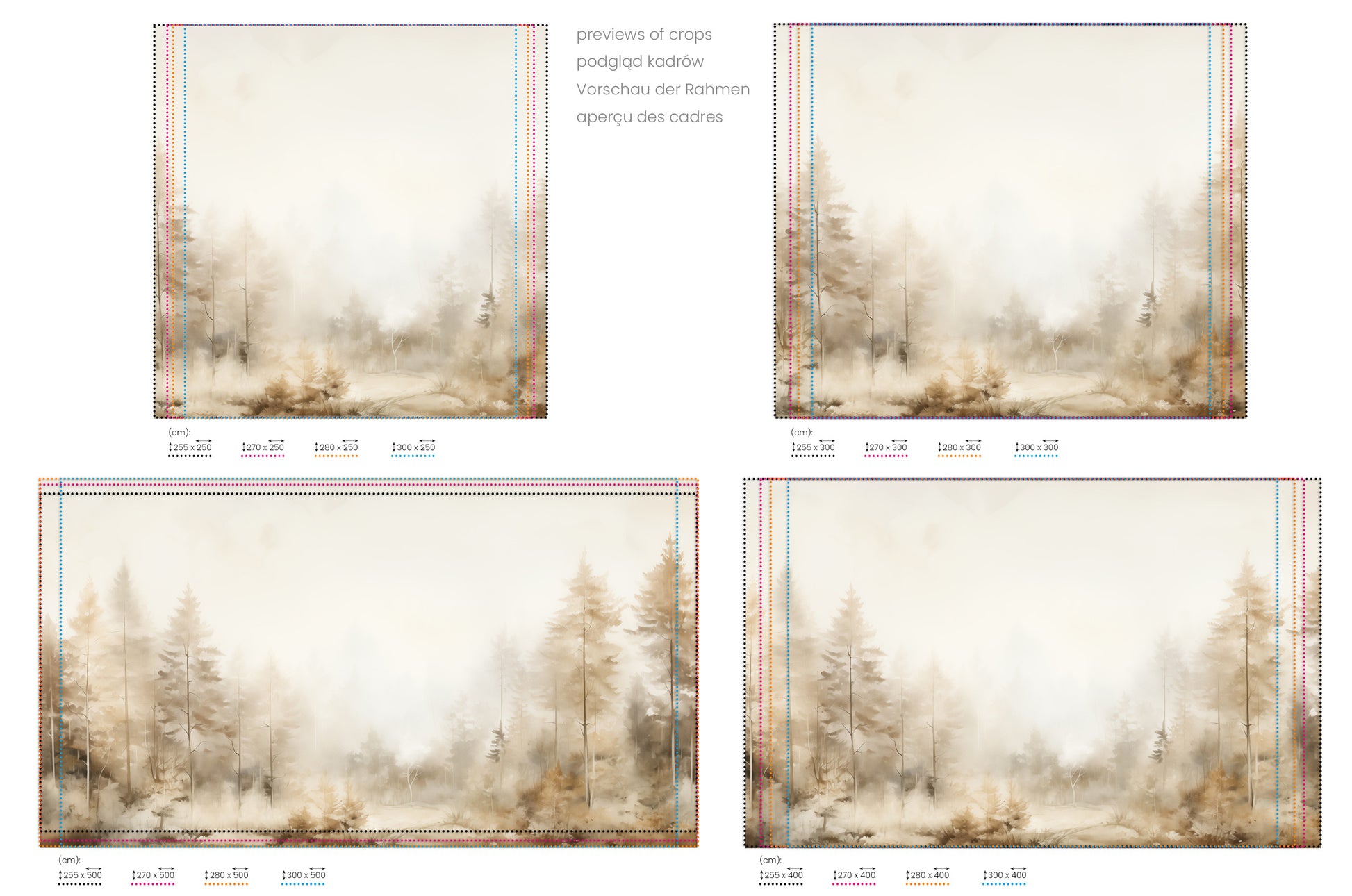 Na obrazie znajduje się prezentacja przykładowych rozmiarów fototapety o nazwie FOREST DAWN MIST MURAL. Rozmiar fototapety jest dowolny.