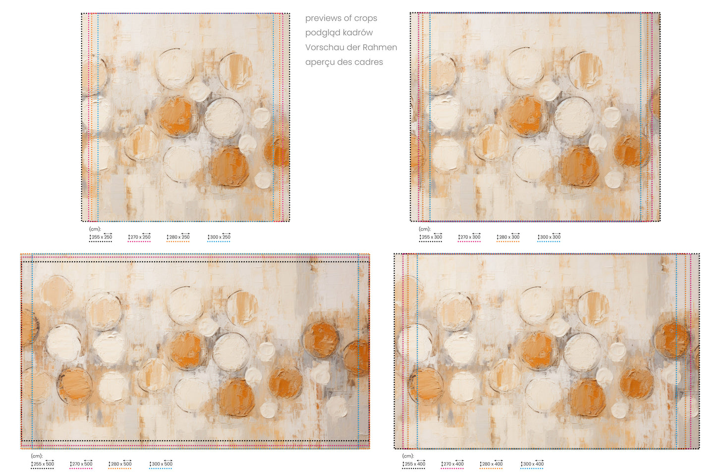 Na obrazie znajduje się prezentacja przykładowych rozmiarów fototapety o nazwie AMBER AND IVORY SPHERICAL HARMONY. Rozmiar fototapety jest dowolny.