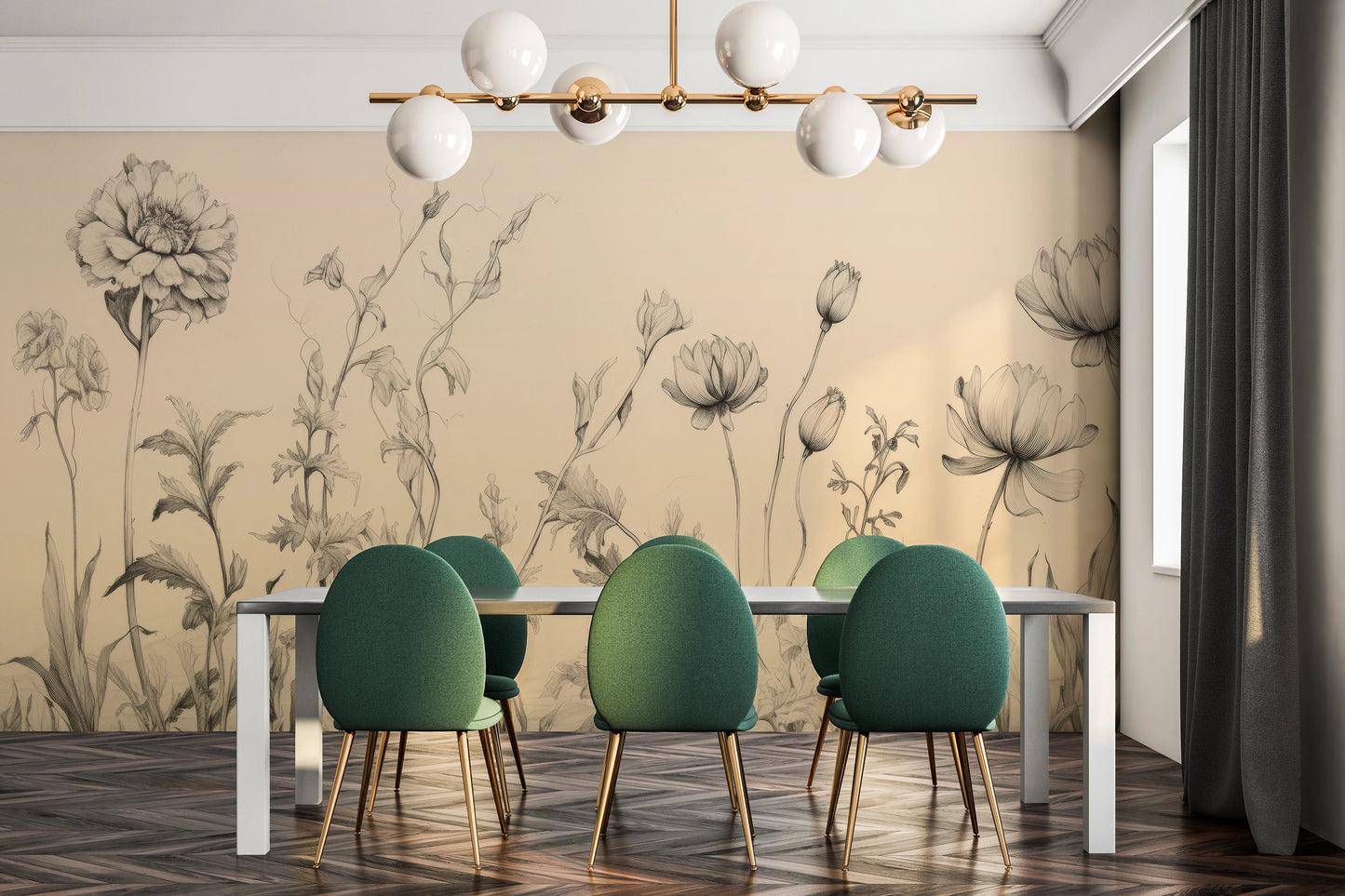 Wzór fototapety o nazwie Sunflower Elegance pokazanej w kontekście pomieszczenia.