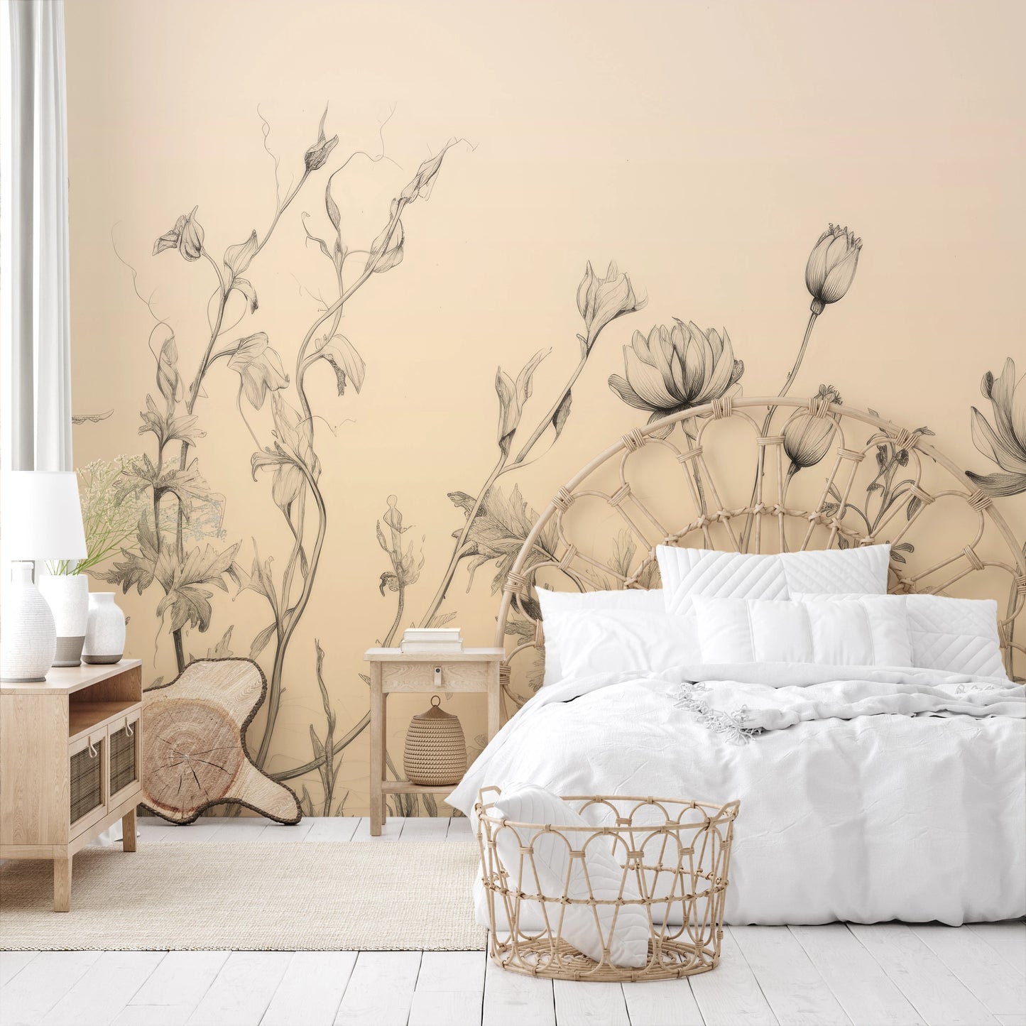 Zdjęcie prezentuje aranżację wnętrza z użyciem fototapety o nazwie Sunflower Elegance pokazanej w aranżacji wnętrza.