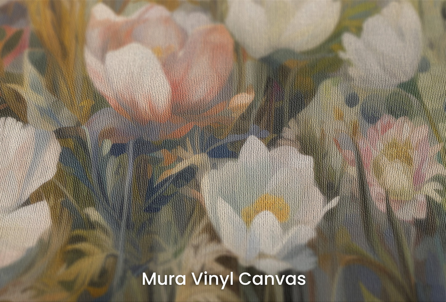 Zbliżenie na artystyczną fototapetę o nazwie Painterly Petal Dance na podłożu Mura Vinyl Canvas - faktura naturalnego płótna.