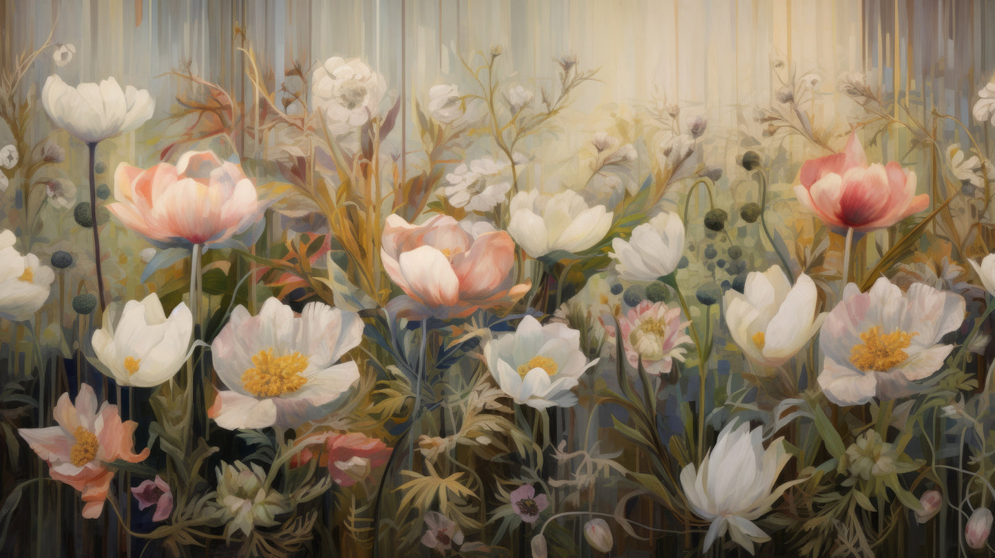 Prezentacja całego wzoru fototapety o nazwie Painterly Petal Dance