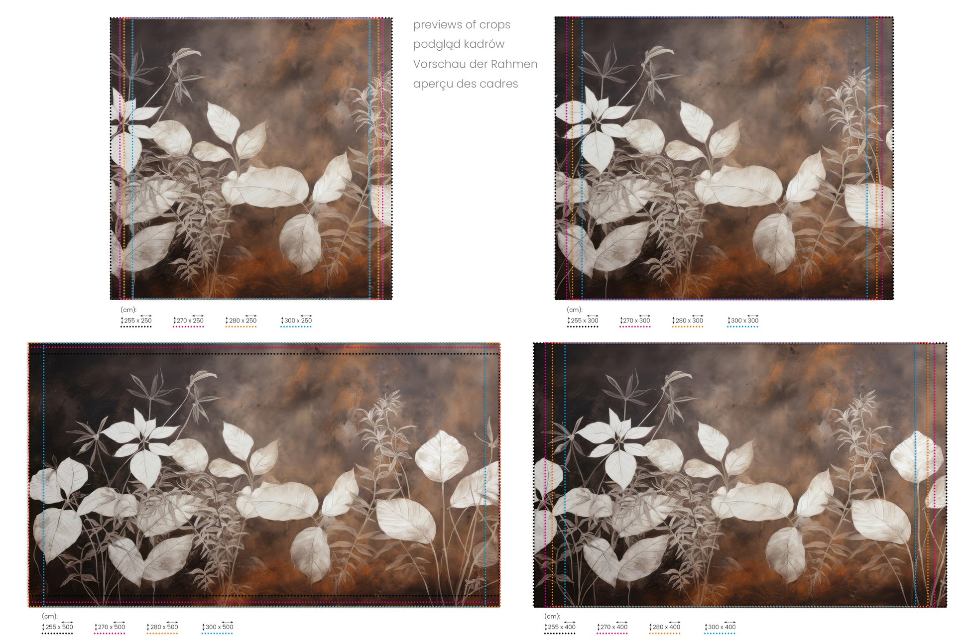 Na obrazie znajduje się prezentacja przykładowych rozmiarów fototapety o nazwie Botanical Elegance #2. Rozmiar fototapety jest dowolny.