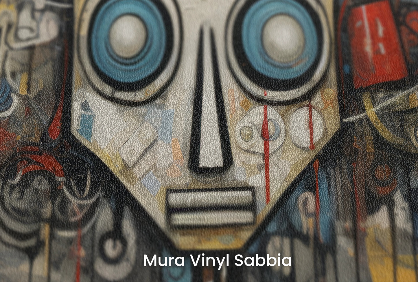 Zbliżenie na artystyczną fototapetę o nazwie Industrial Robot na podłożu Mura Vinyl Sabbia struktura grubego ziarna piasku.