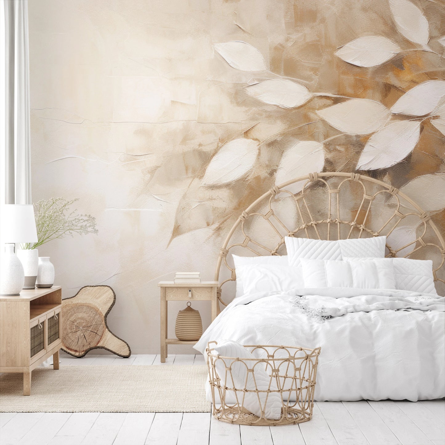 Wzór fototapety artystycznej o nazwie Subtle Leaf Symphony pokazanej w aranżacji wnętrza.