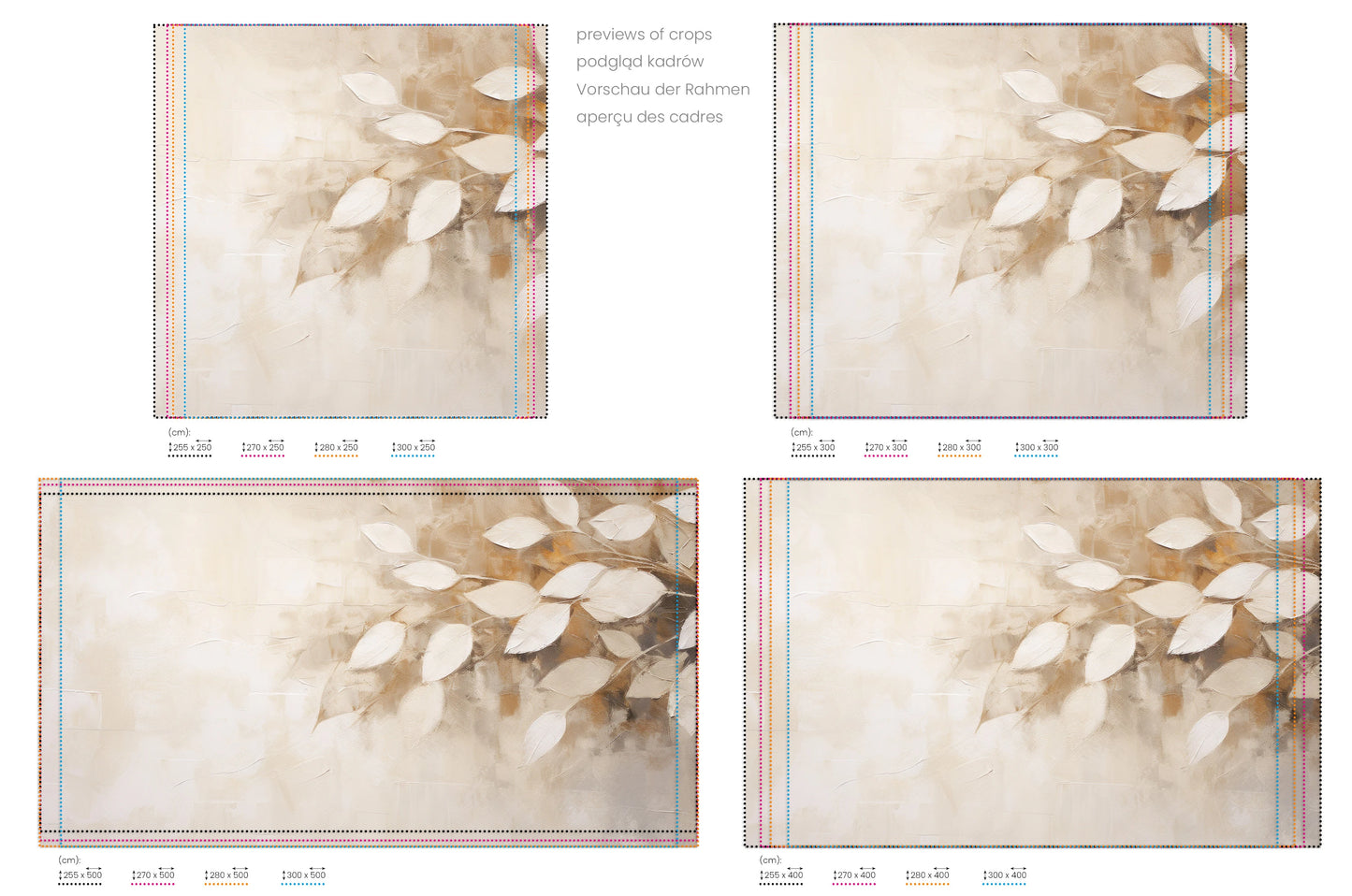 Na obrazie znajduje się prezentacja przykładowych rozmiarów fototapety o nazwie Subtle Leaf Symphony. Rozmiar fototapety jest dowolny.