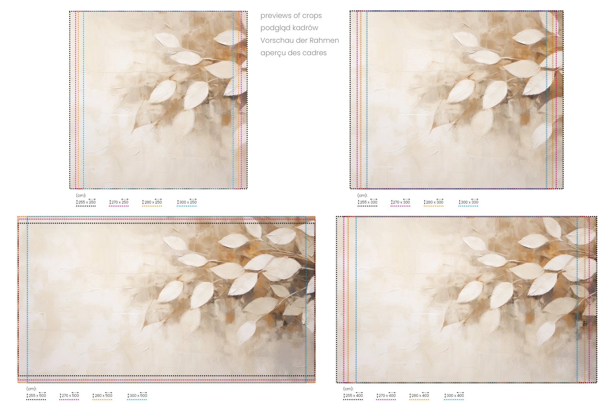 Na obrazie znajduje się prezentacja przykładowych rozmiarów fototapety o nazwie Subtle Leaf Symphony. Rozmiar fototapety jest dowolny.