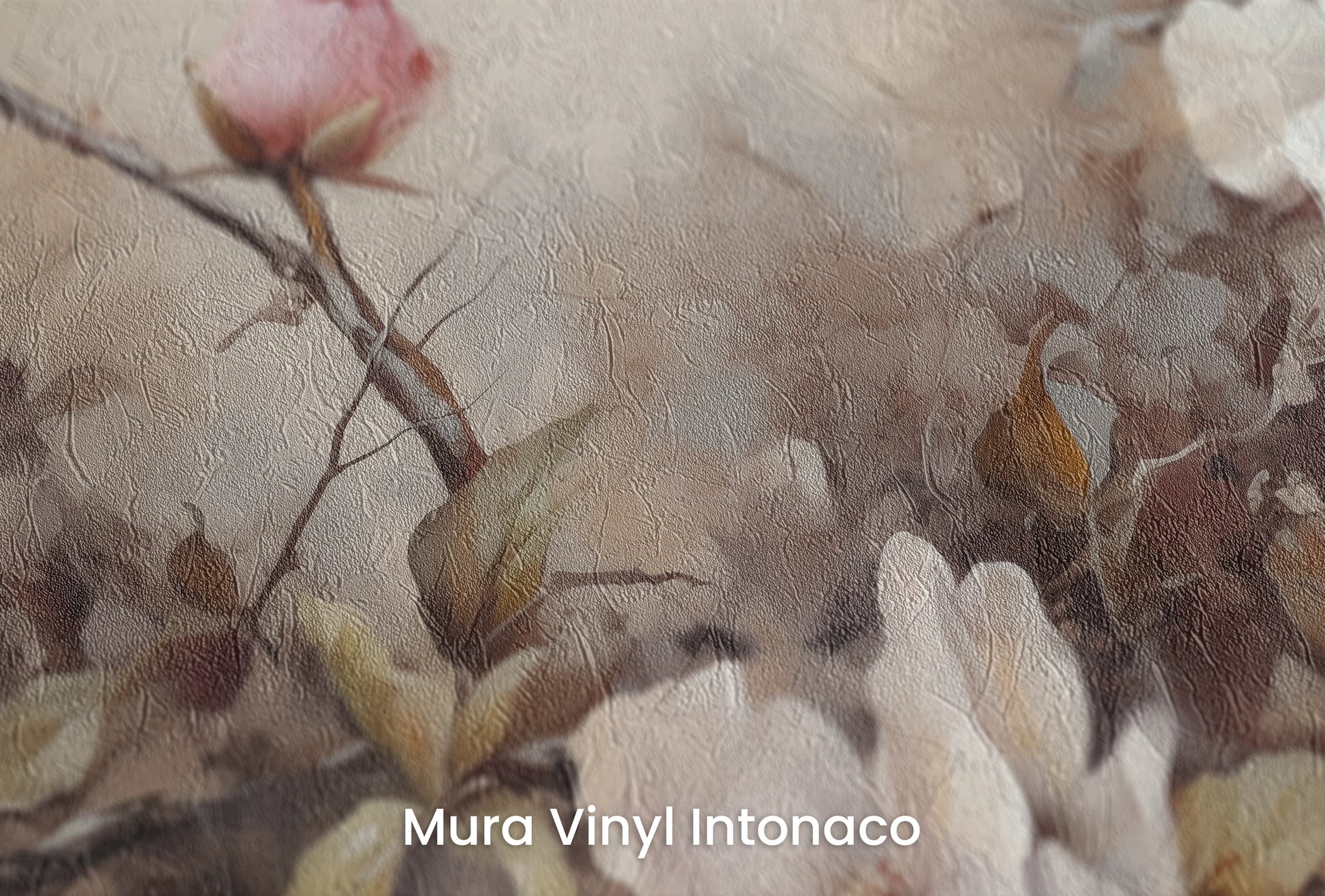Zbliżenie na artystyczną fototapetę o nazwie Ethereal Garden na podłożu Mura Vinyl Intonaco - struktura tartego tynku.