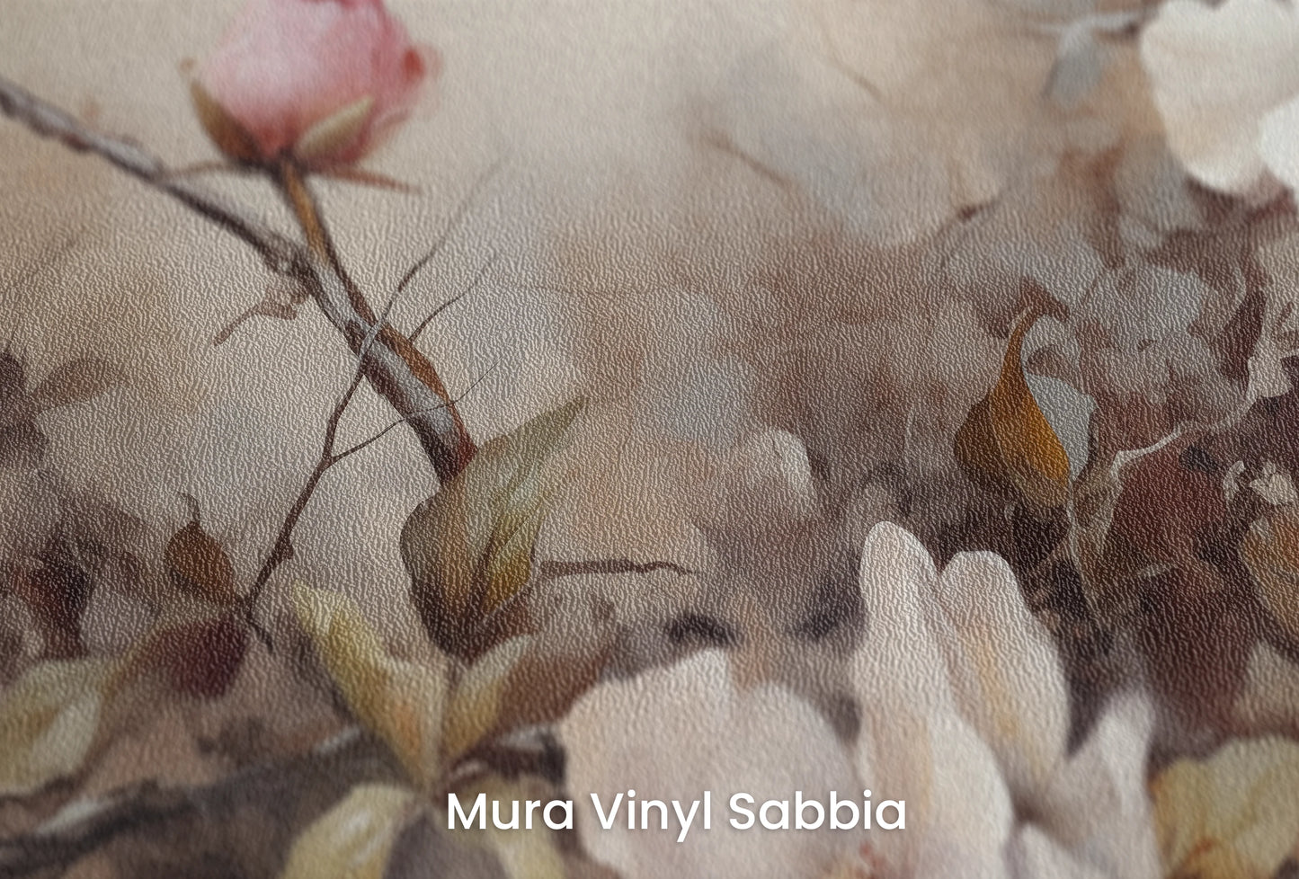 Zbliżenie na artystyczną fototapetę o nazwie Ethereal Garden na podłożu Mura Vinyl Sabbia struktura grubego ziarna piasku.