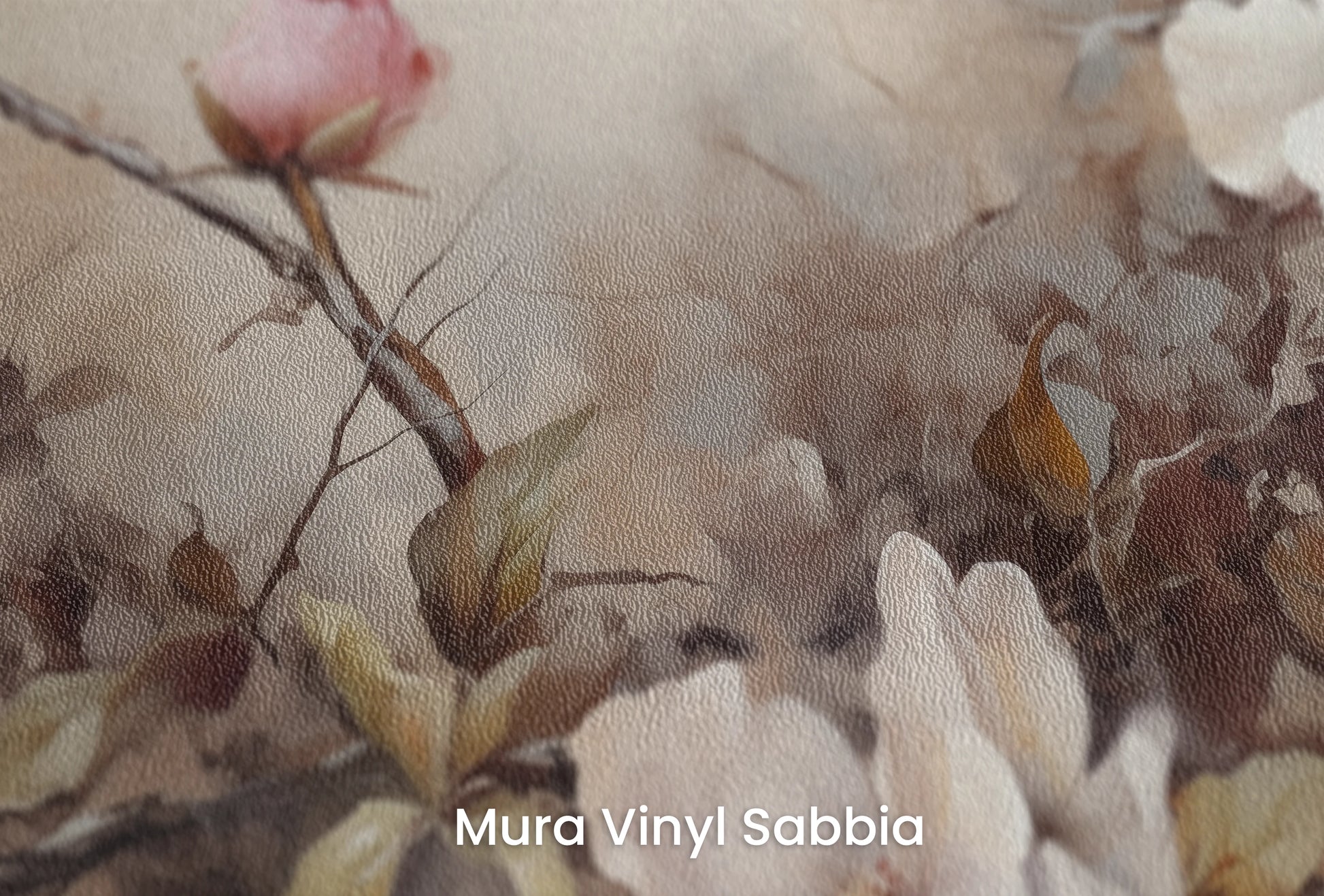 Zbliżenie na artystyczną fototapetę o nazwie Ethereal Garden na podłożu Mura Vinyl Sabbia struktura grubego ziarna piasku.
