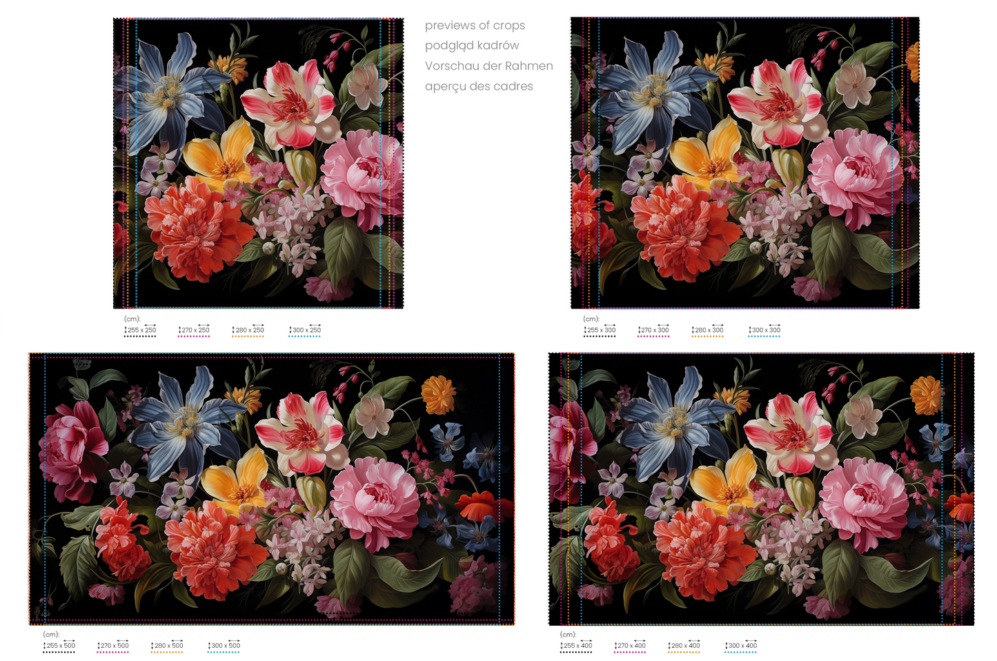 Na obrazie znajduje się prezentacja przykładowych rozmiarów fototapety o nazwie Floral Tapestry. Rozmiar fototapety jest dowolny.