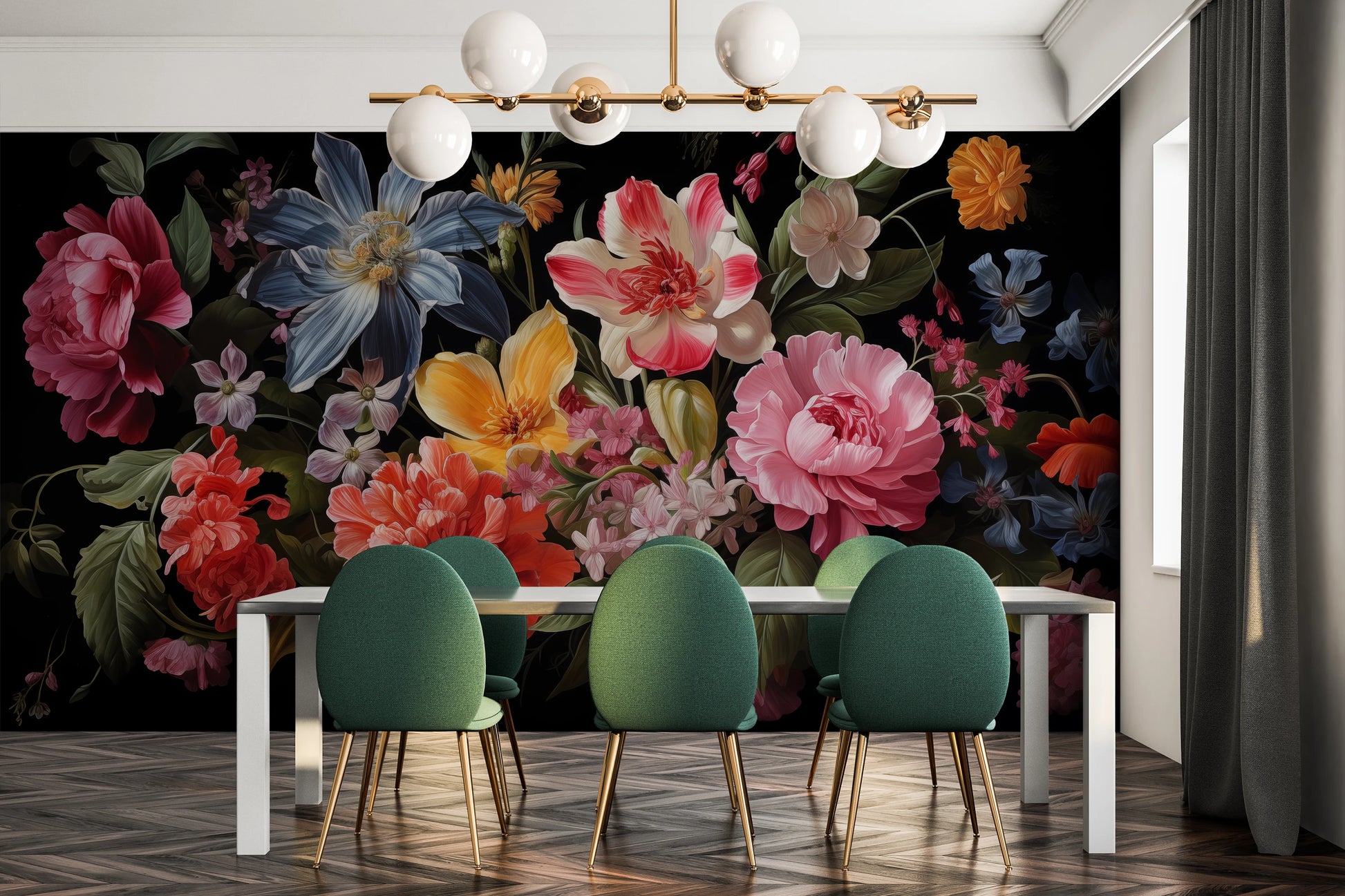 Wzór fototapety o nazwie Floral Tapestry pokazanej w kontekście pomieszczenia.