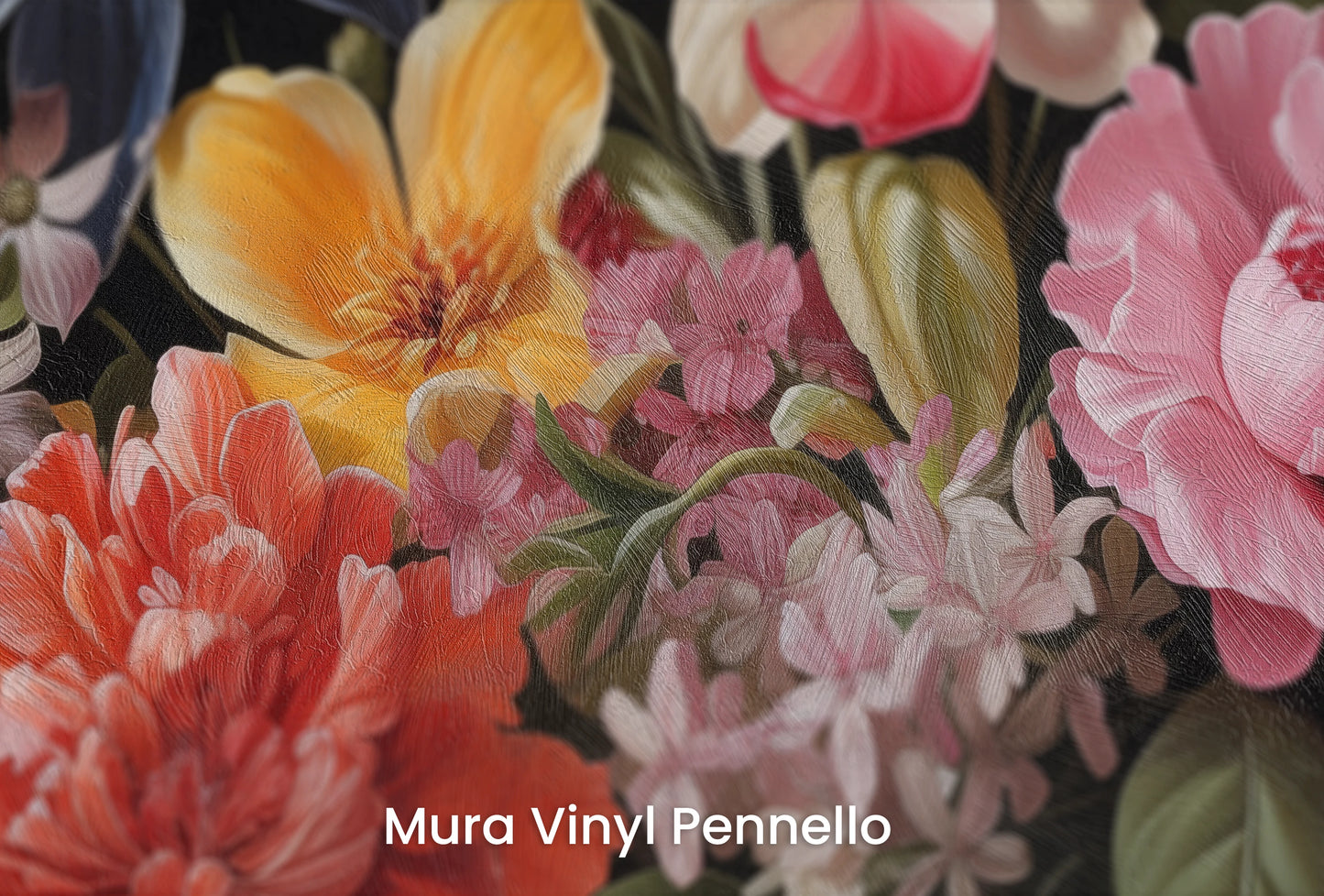 Zbliżenie na artystyczną fototapetę o nazwie Floral Tapestry na podłożu Mura Vinyl Pennello - faktura pociągnięć pędzla malarskiego.