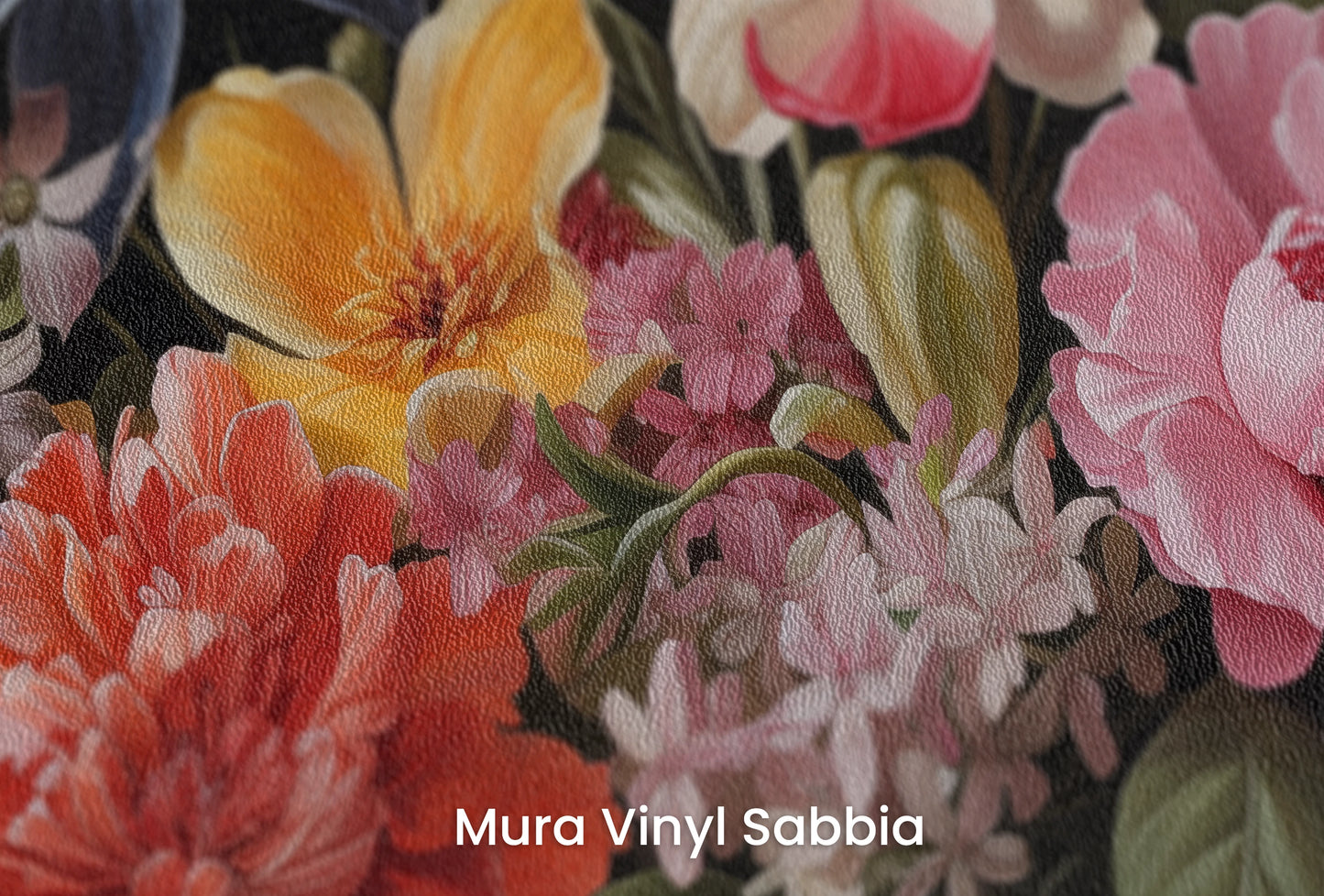 Zbliżenie na artystyczną fototapetę o nazwie Floral Tapestry na podłożu Mura Vinyl Sabbia struktura grubego ziarna piasku.