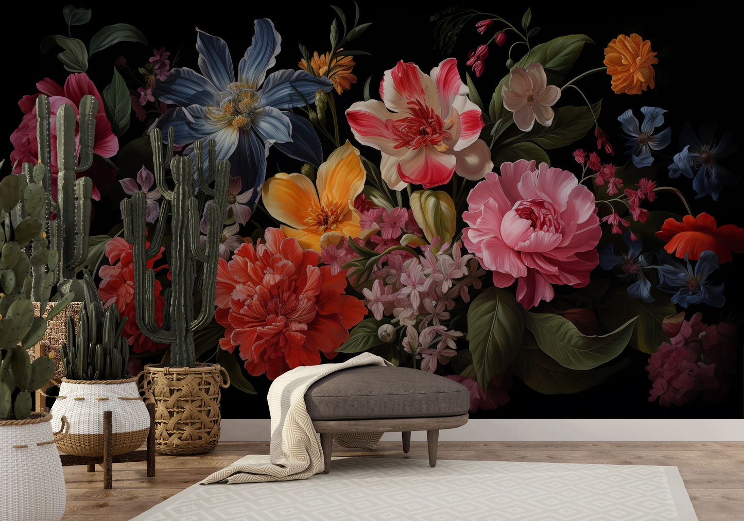 Fototapeta artystyczna o nazwie Floral Tapestry pokazana w aranżacji wnętrza.
