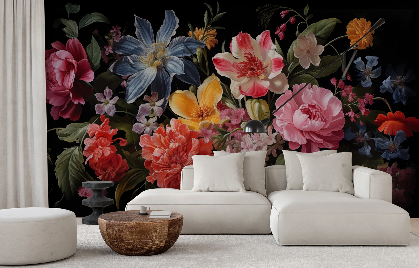 Wzór fototapety malowanej o nazwie Floral Tapestry pokazanej w aranżacji wnętrza.