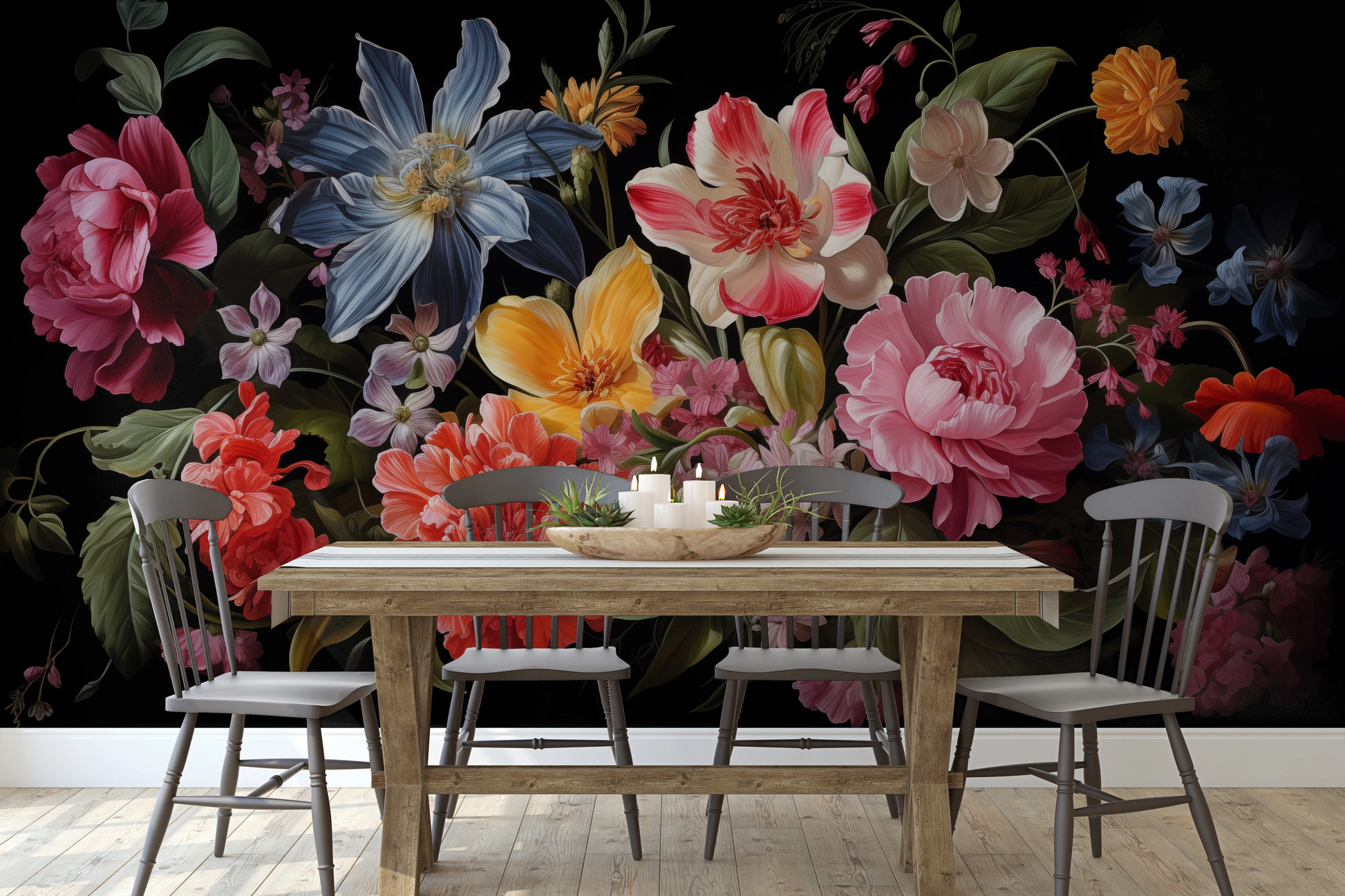 Zdjęcie prezentuje aranżację wnętrza z użyciem fototapety o nazwie Floral Tapestry pokazanej w aranżacji wnętrza.