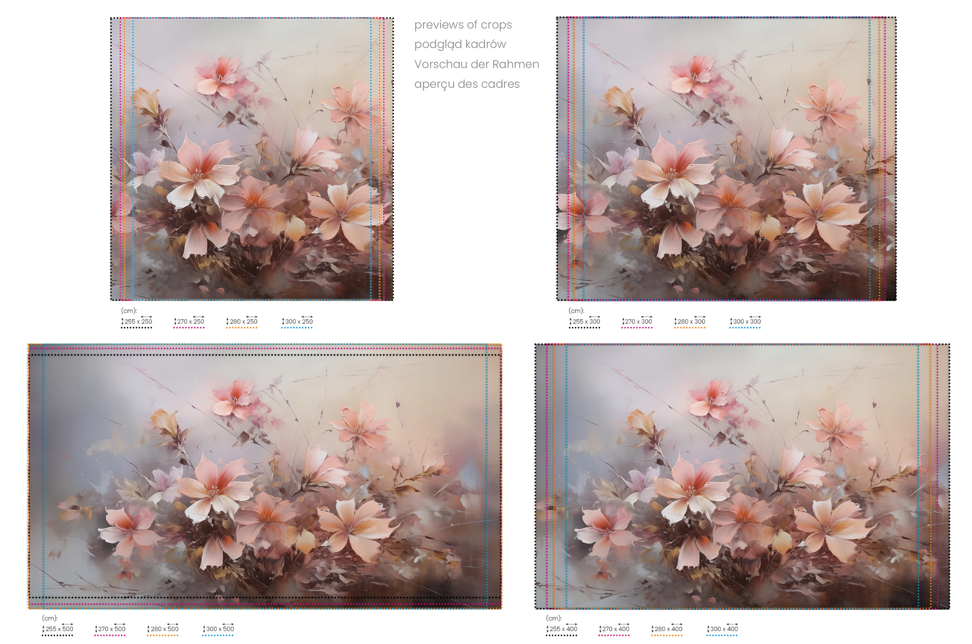 Na obrazie znajduje się prezentacja przykładowych rozmiarów fototapety o nazwie Blossom Haze. Rozmiar fototapety jest dowolny.